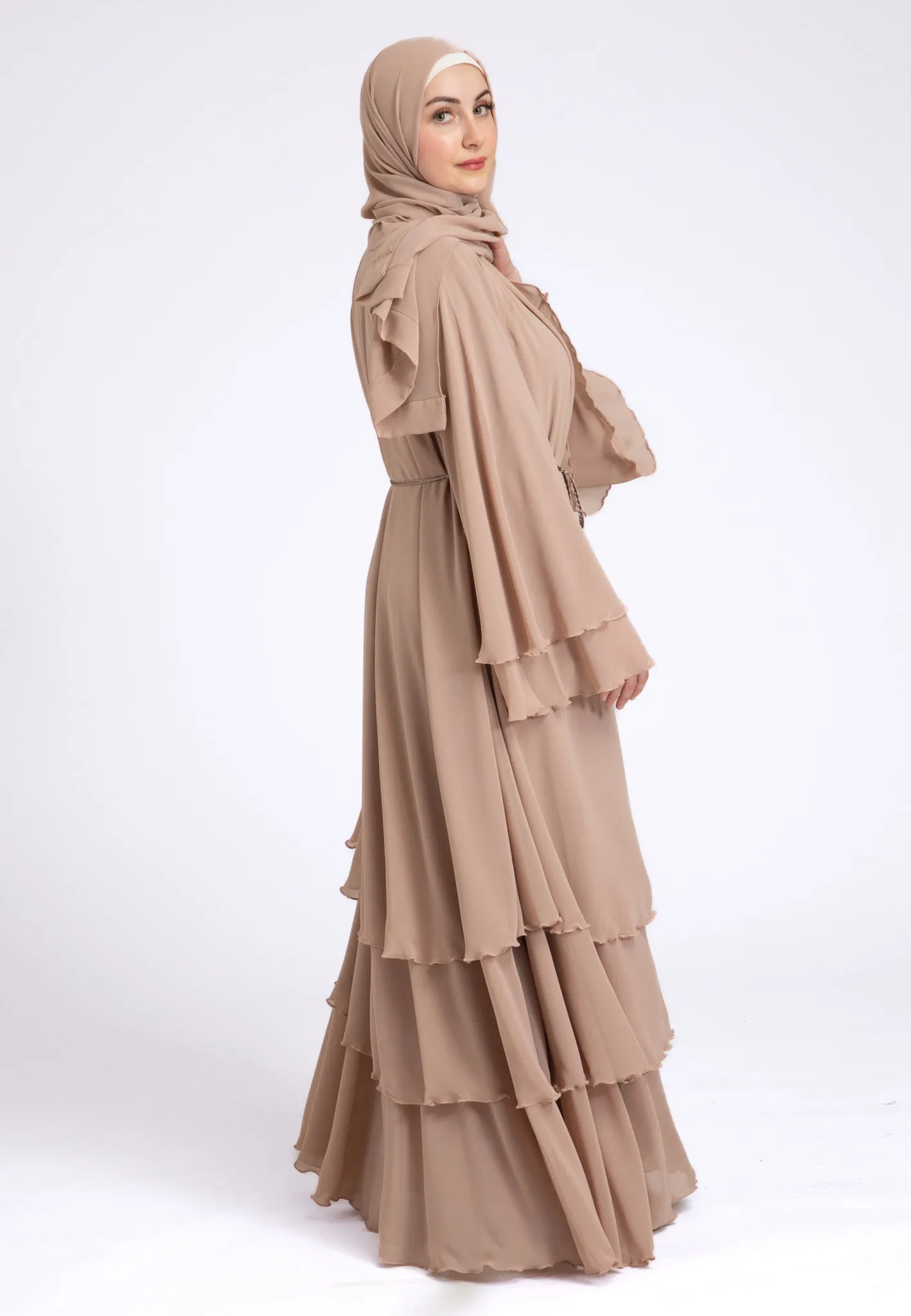 Luxury Butterscotch Beige 3 Layered Open Abaya with Inner Dress