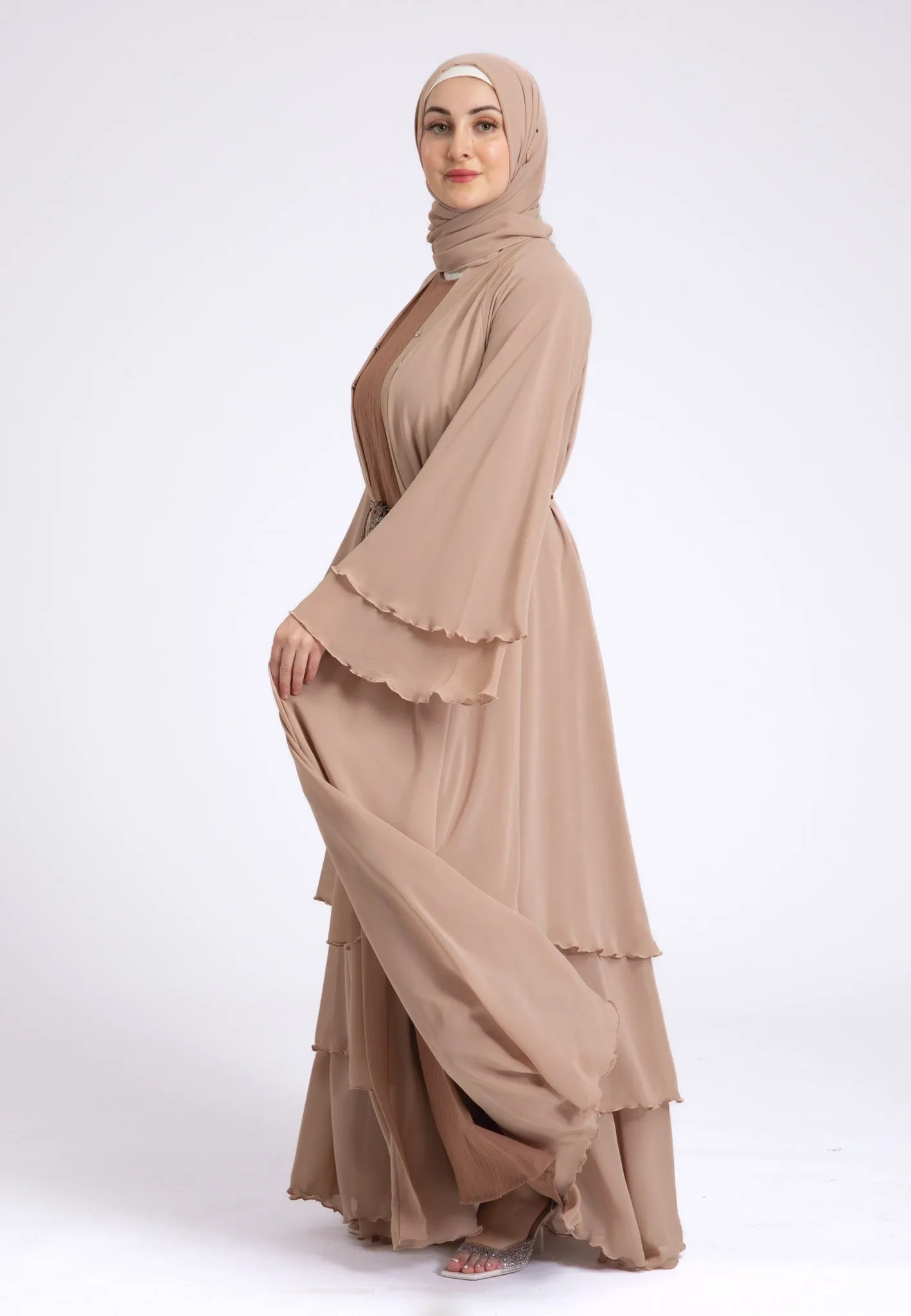 Luxury Butterscotch Beige 3 Layered Open Abaya with Inner Dress