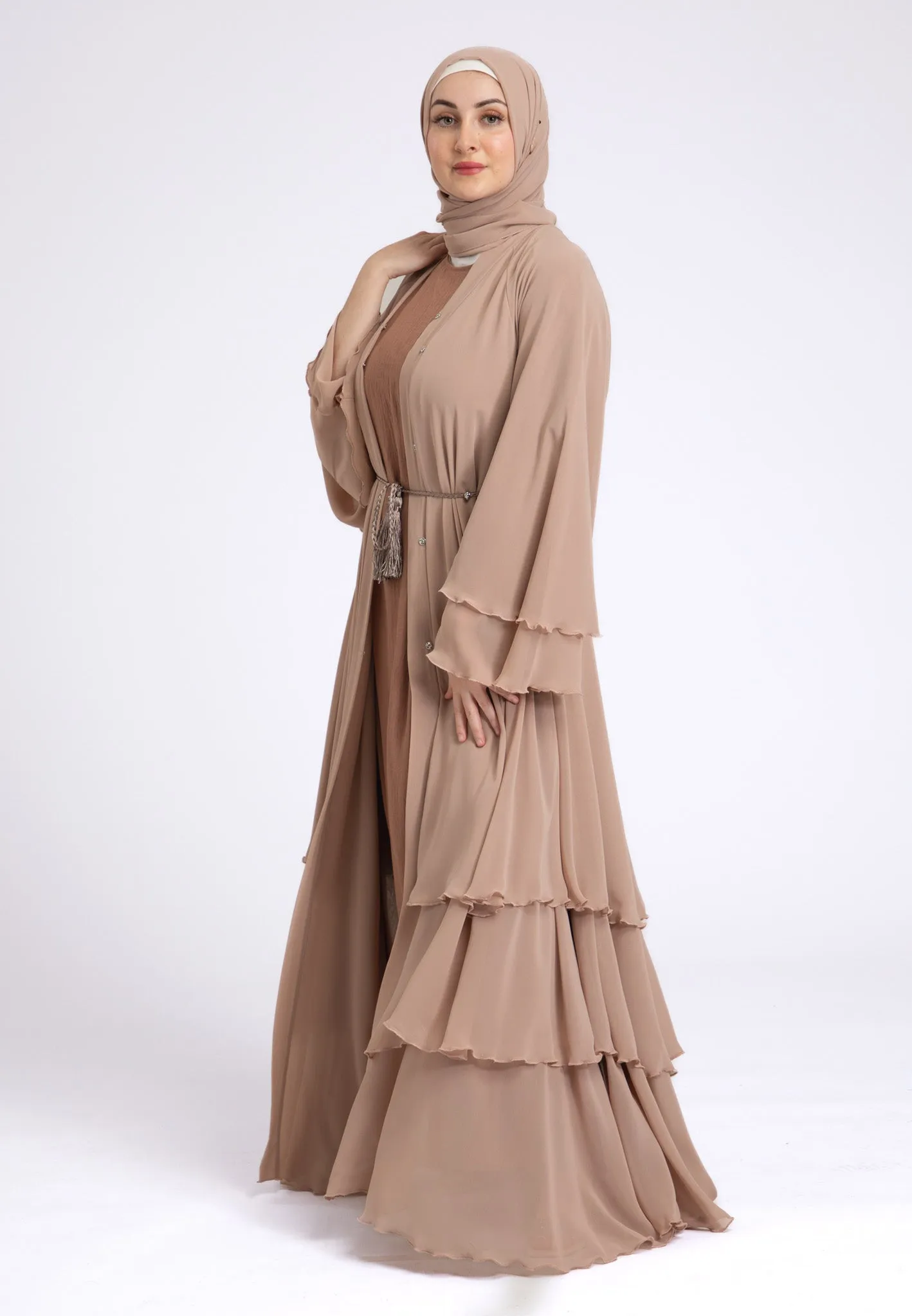 Luxury Butterscotch Beige 3 Layered Open Abaya with Inner Dress