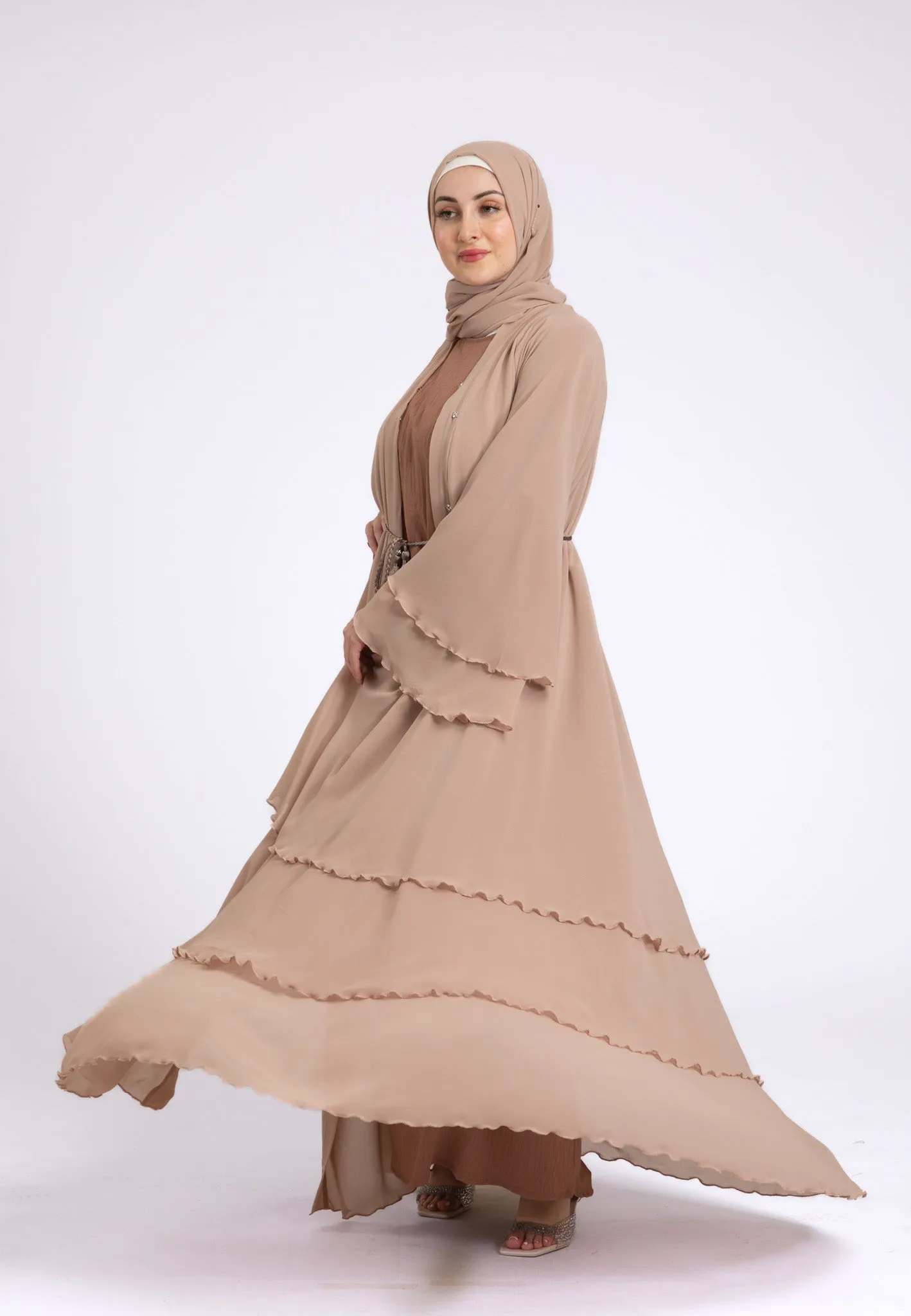 Luxury Butterscotch Beige 3 Layered Open Abaya with Inner Dress