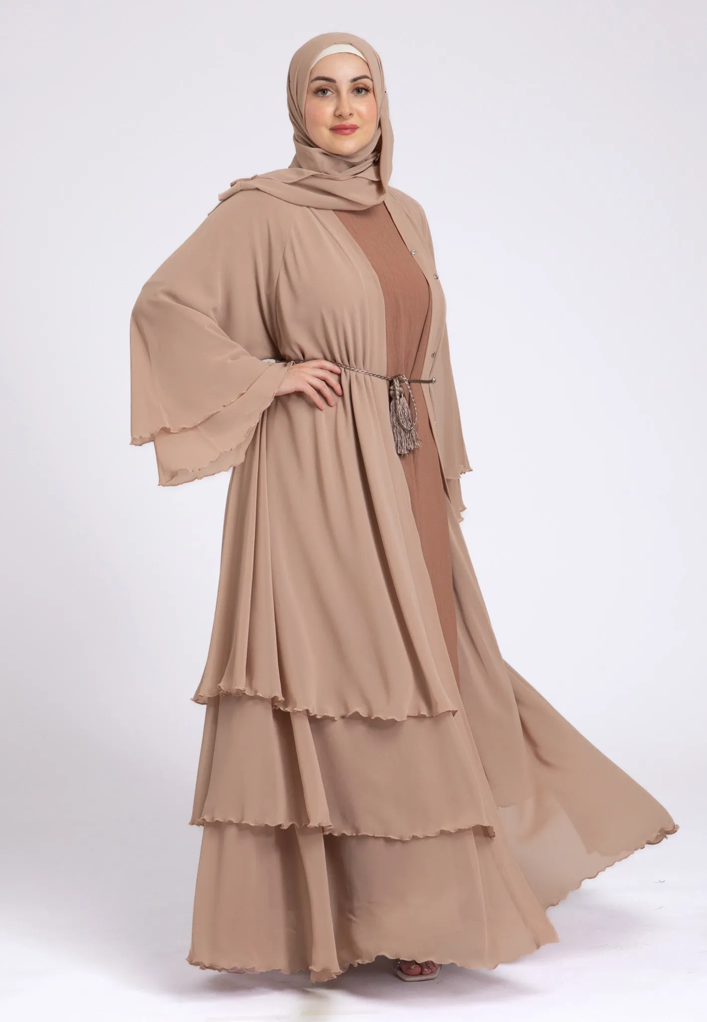 Luxury Butterscotch Beige 3 Layered Open Abaya with Inner Dress