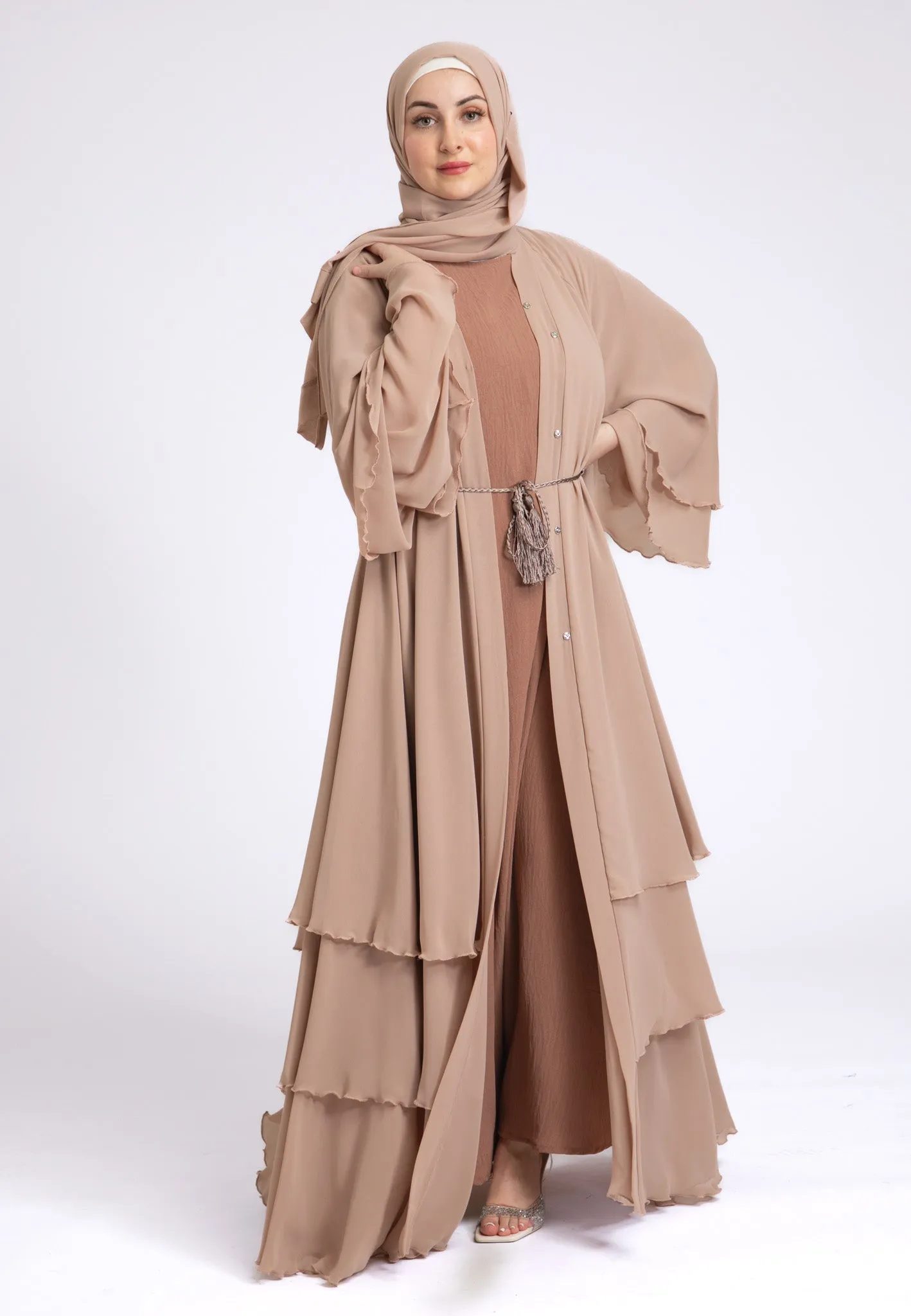 Luxury Butterscotch Beige 3 Layered Open Abaya with Inner Dress