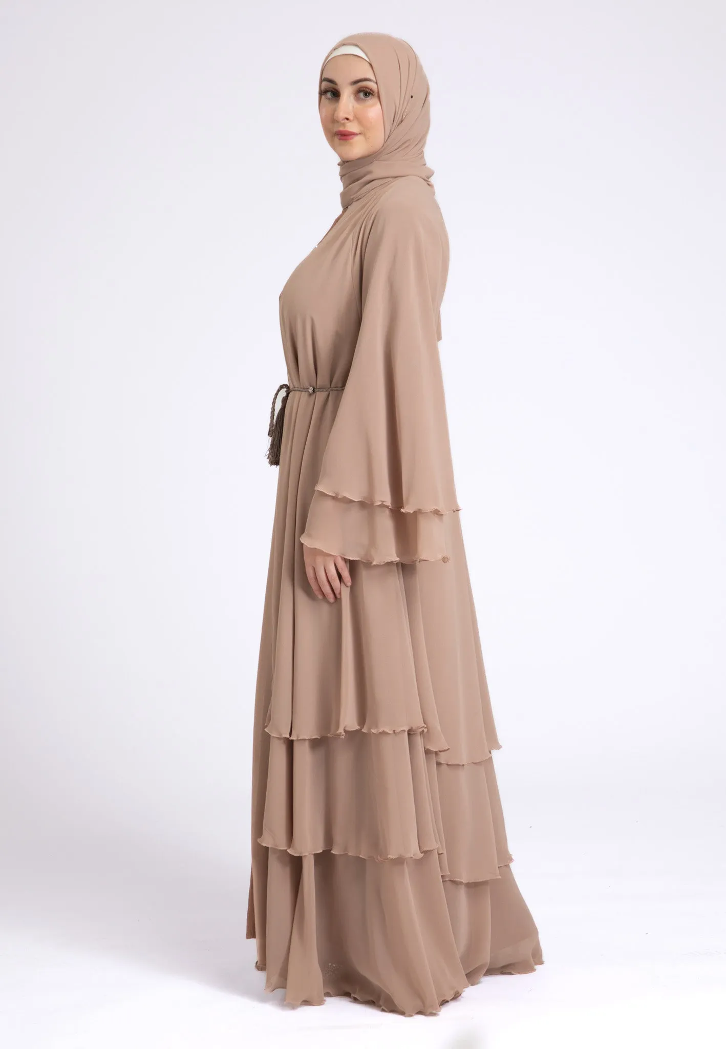 Luxury Butterscotch Beige 3 Layered Open Abaya with Inner Dress