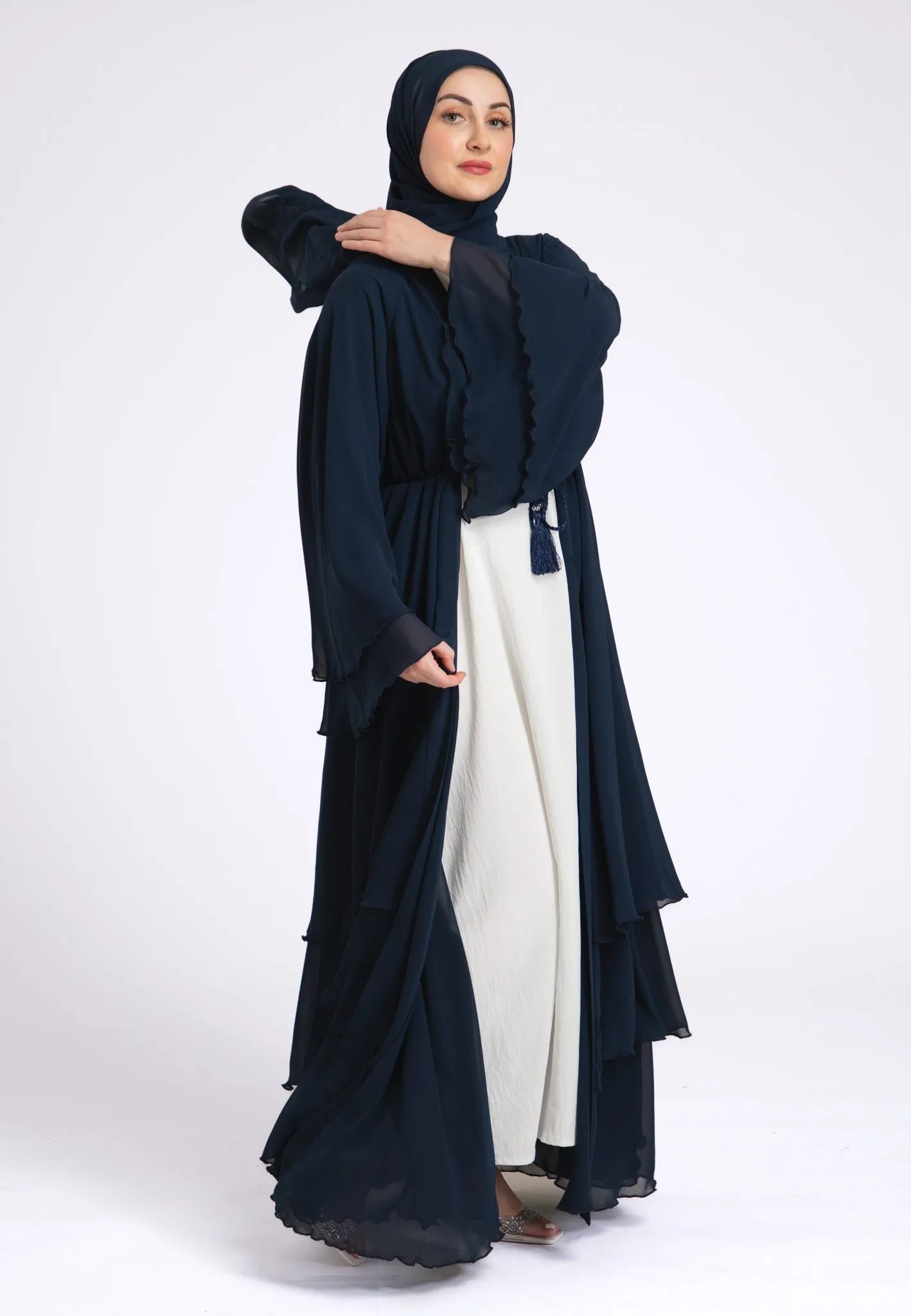 Luxury Navy 3 Layered Open Abaya with Inner Dress