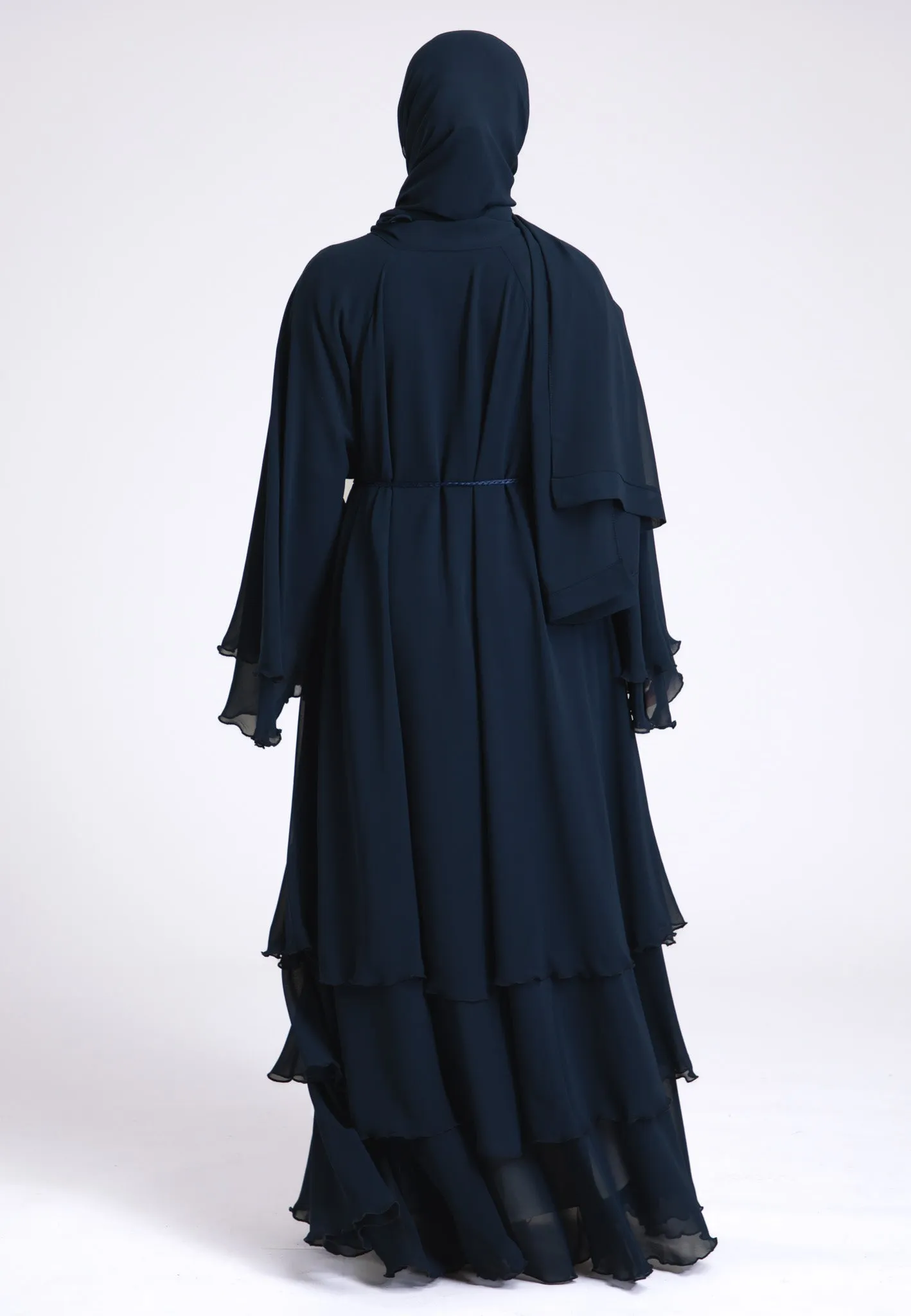 Luxury Navy 3 Layered Open Abaya with Inner Dress