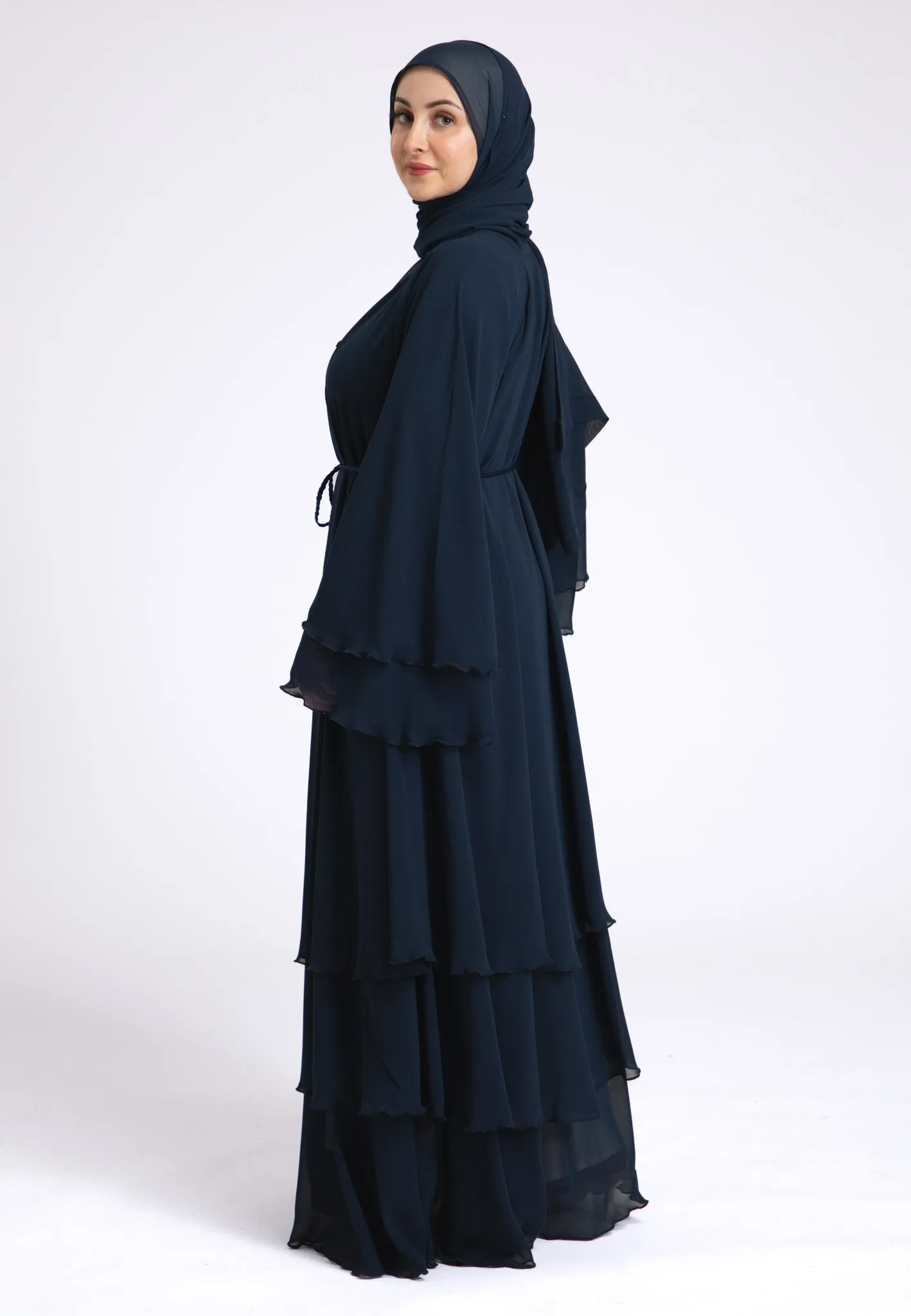 Luxury Navy 3 Layered Open Abaya with Inner Dress