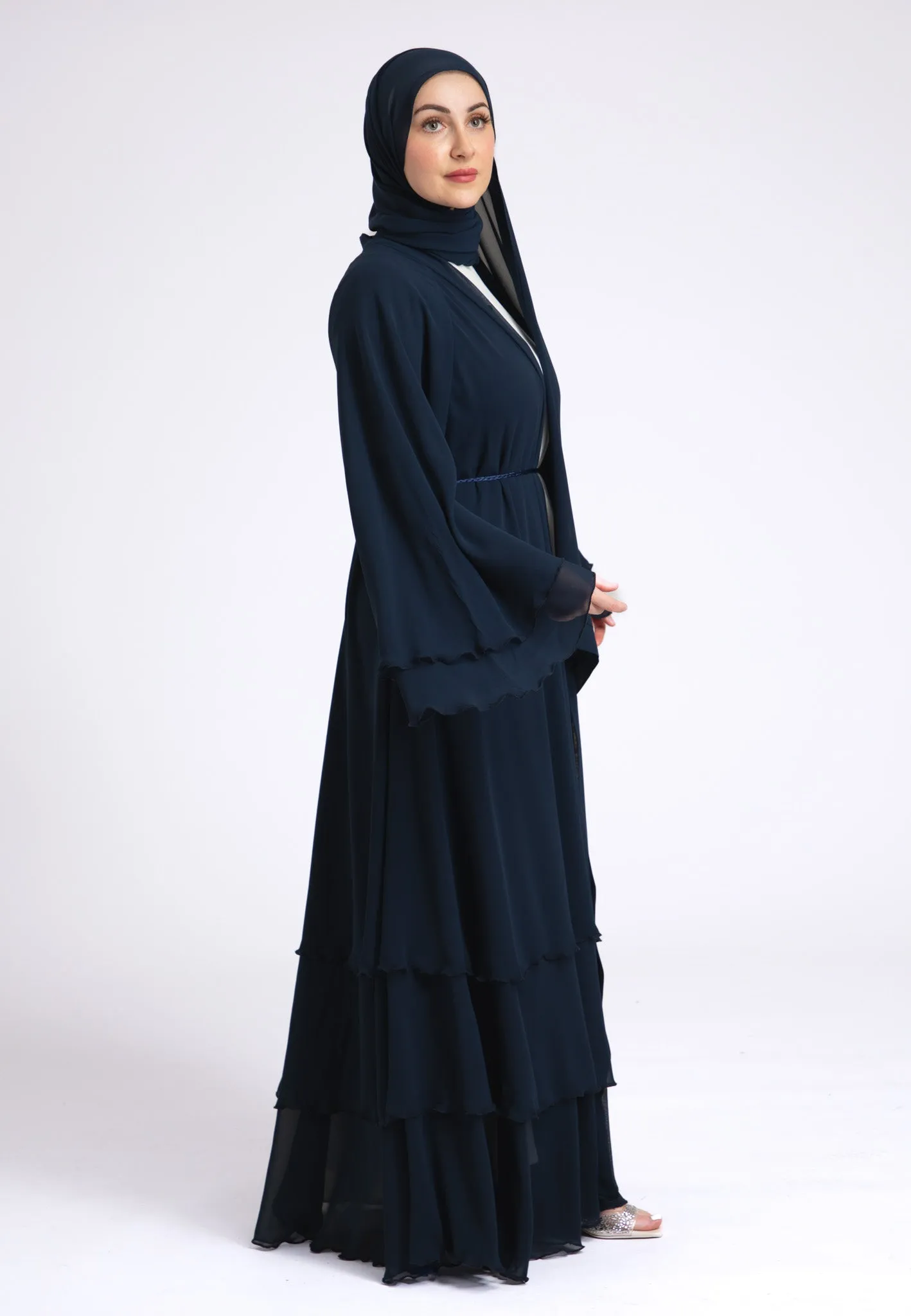 Luxury Navy 3 Layered Open Abaya with Inner Dress