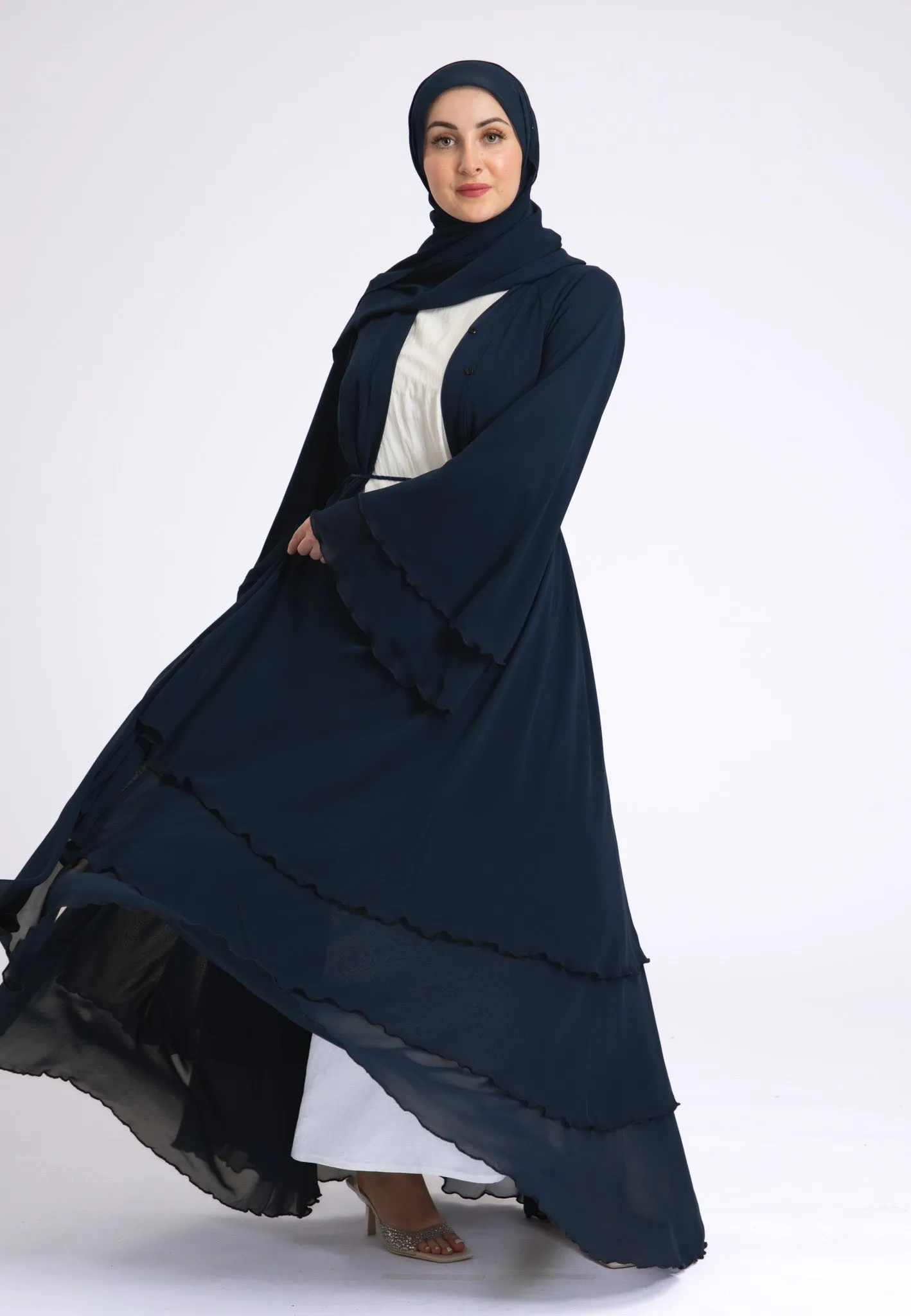 Luxury Navy 3 Layered Open Abaya with Inner Dress