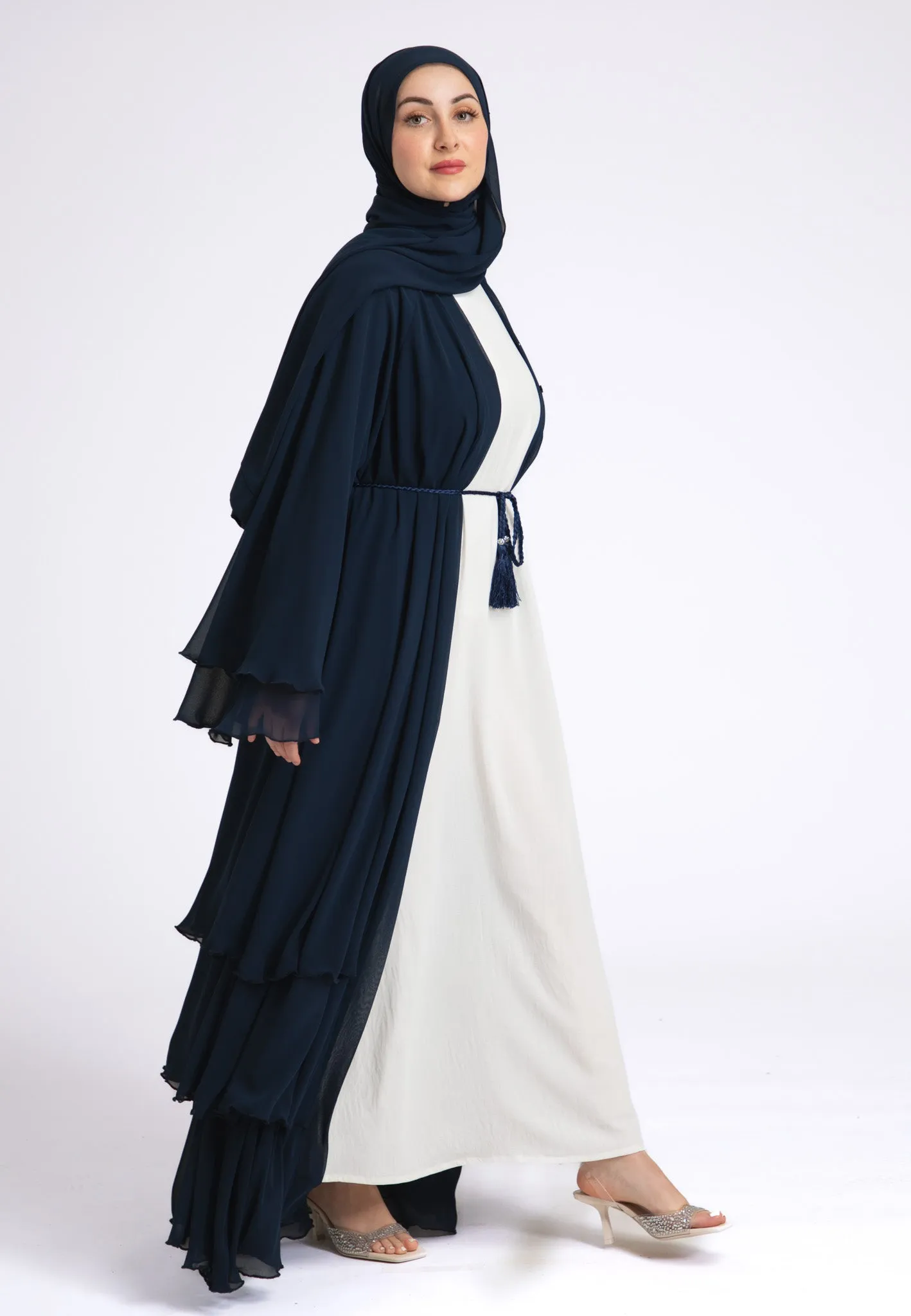 Luxury Navy 3 Layered Open Abaya with Inner Dress
