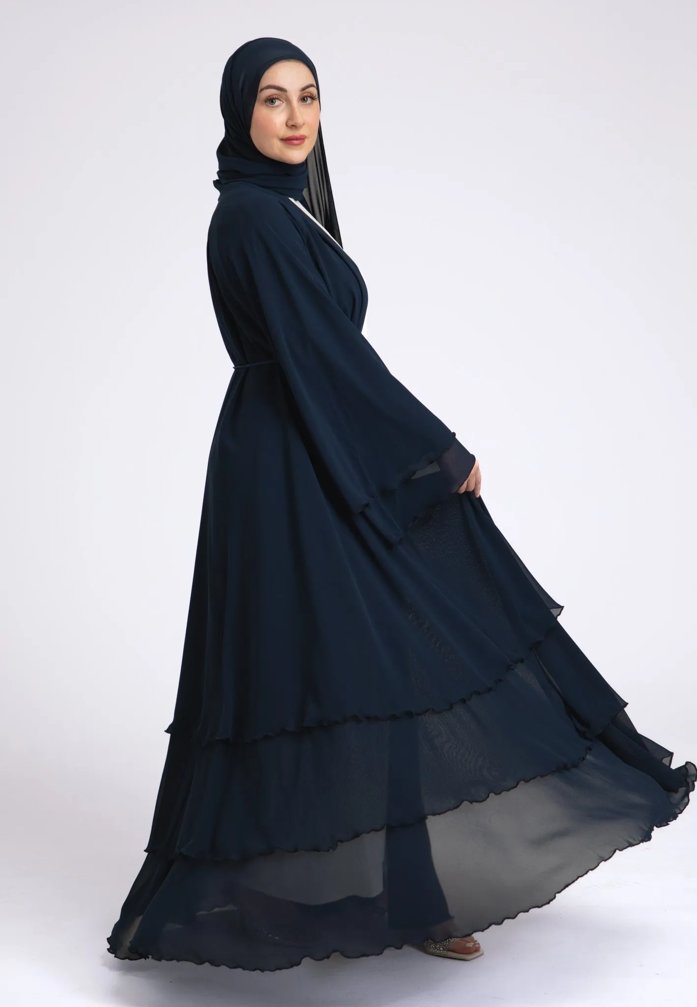 Luxury Navy 3 Layered Open Abaya with Inner Dress