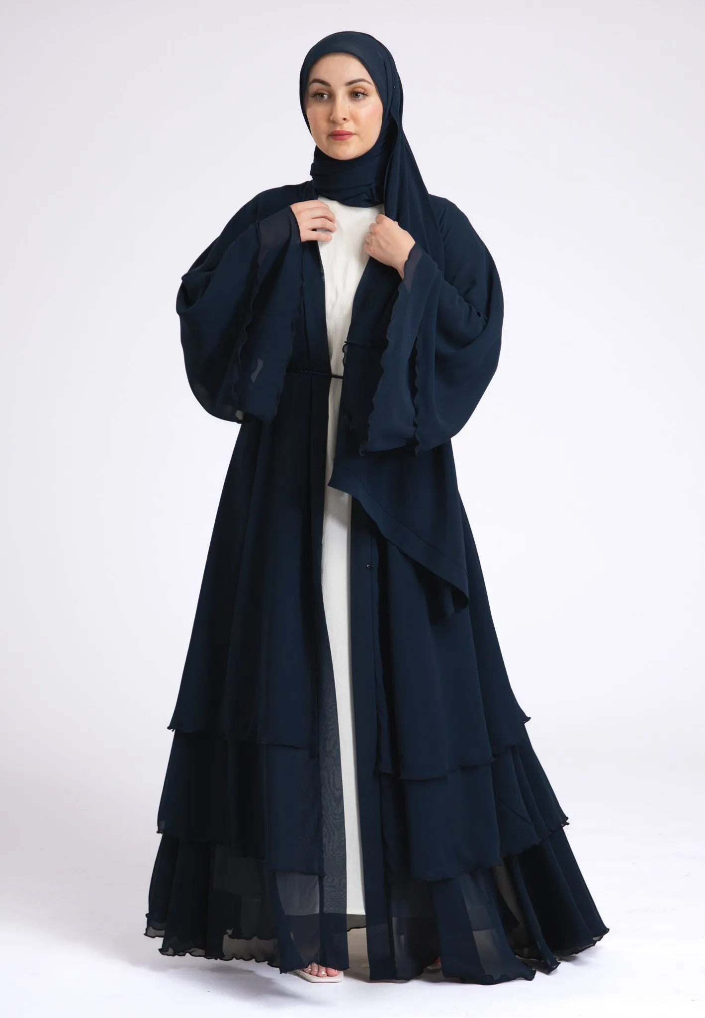 Luxury Navy 3 Layered Open Abaya with Inner Dress