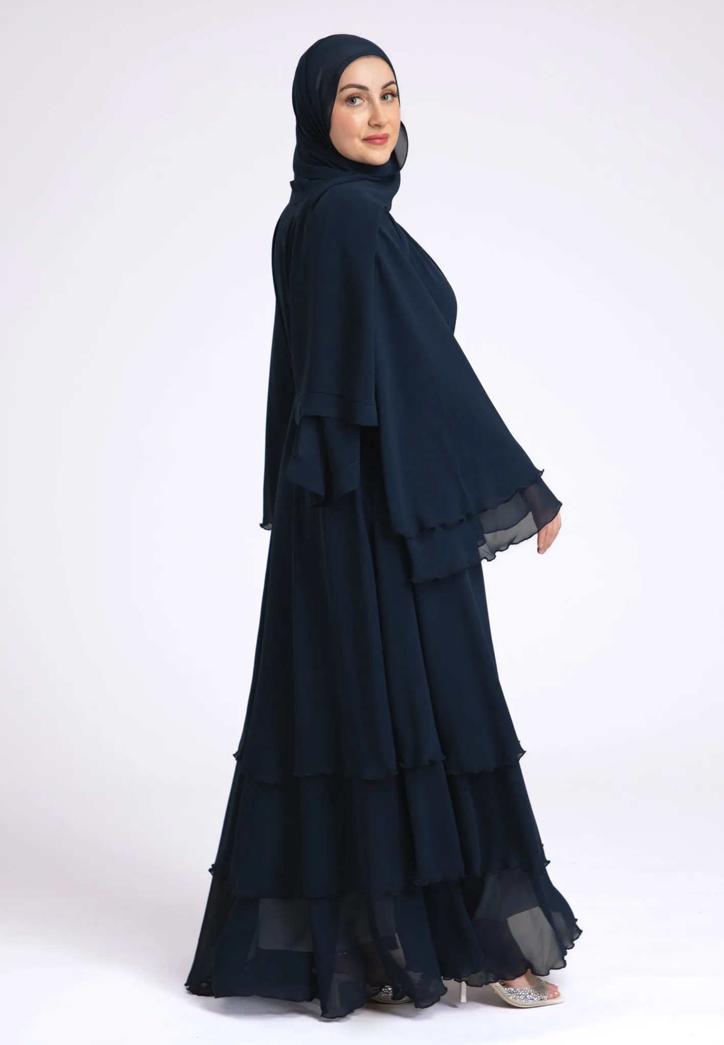Luxury Navy 3 Layered Open Abaya with Inner Dress