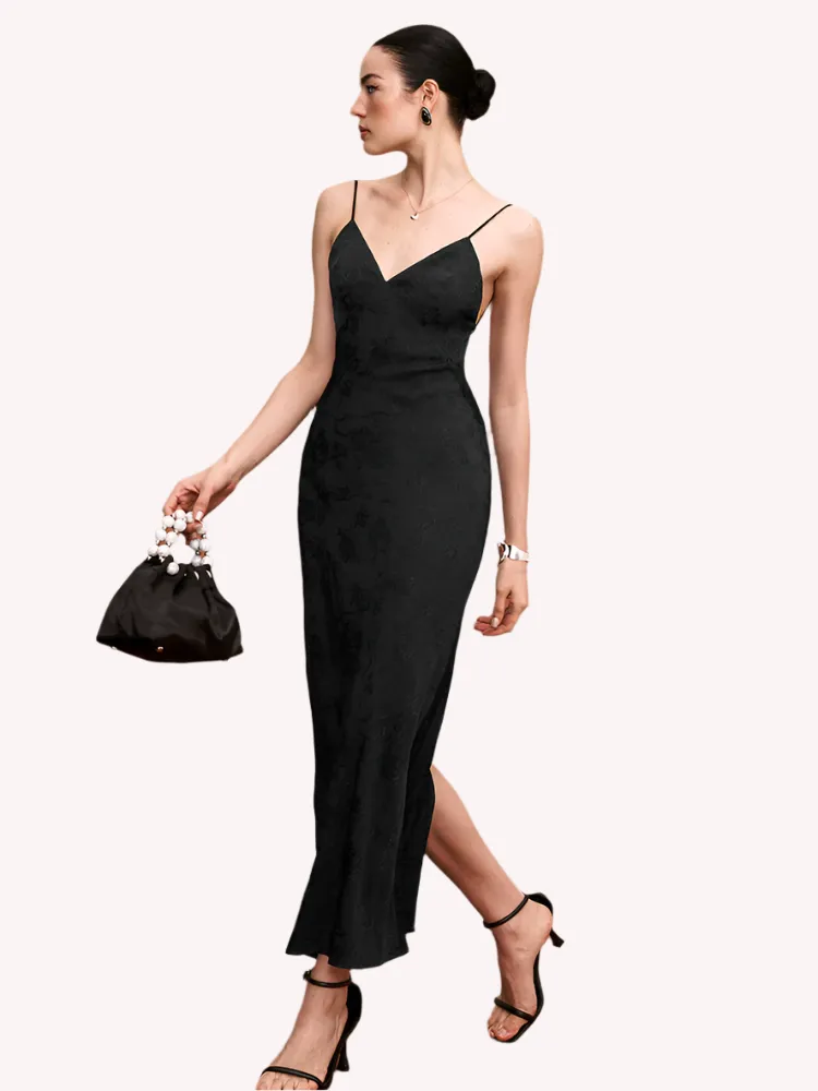 Mabel Black Jacquard Slip Dress