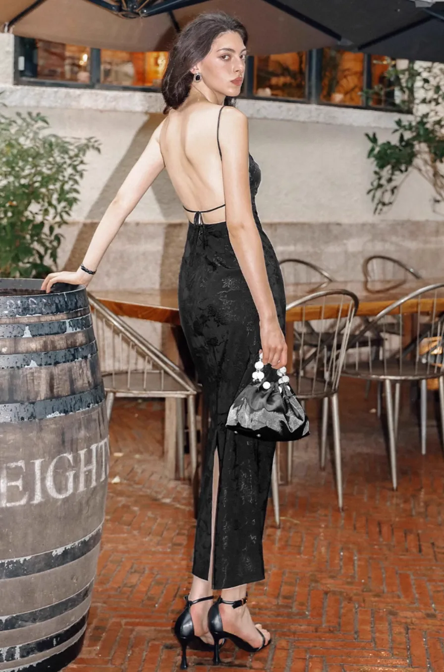 Mabel Black Jacquard Slip Dress