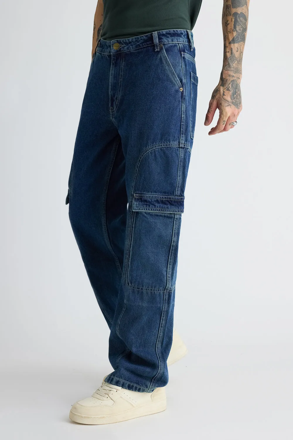 Men's Side Seam Indigo Cargo Jeans