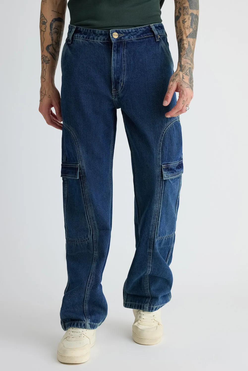 Men's Side Seam Indigo Cargo Jeans