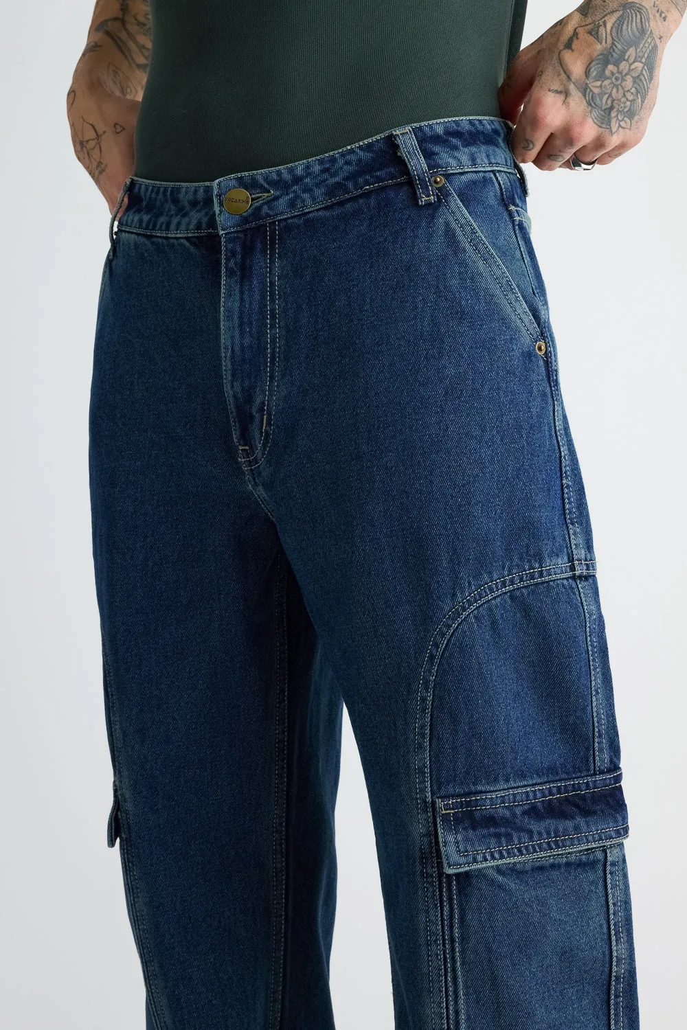 Men's Side Seam Indigo Cargo Jeans