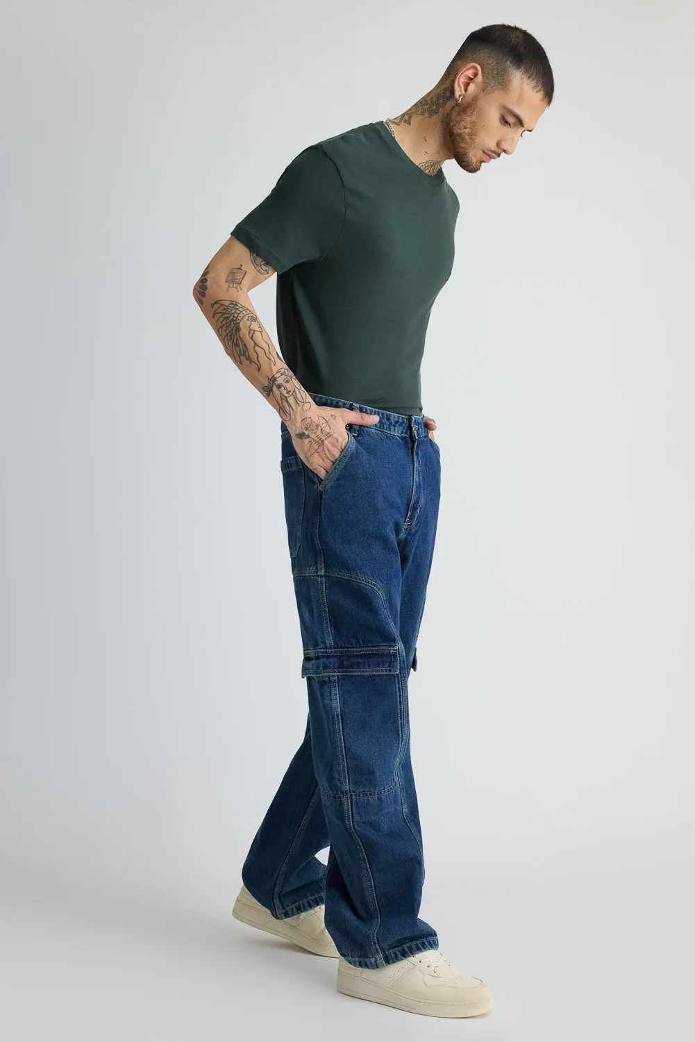 Men's Side Seam Indigo Cargo Jeans