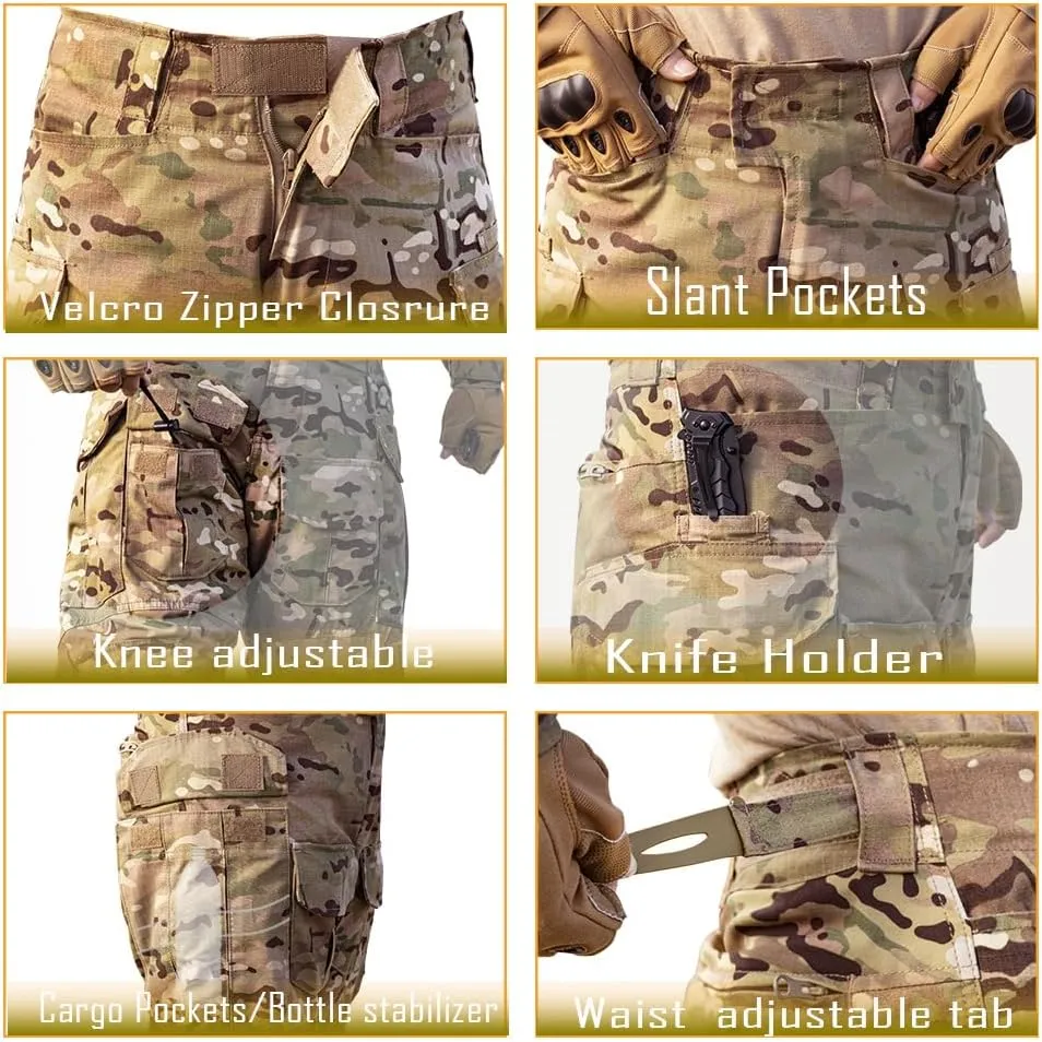 Men’s Tactical Pants with Knee Pads Camo Cargo Pants Waterproof Hiking Pants 10 Pockets No Belt