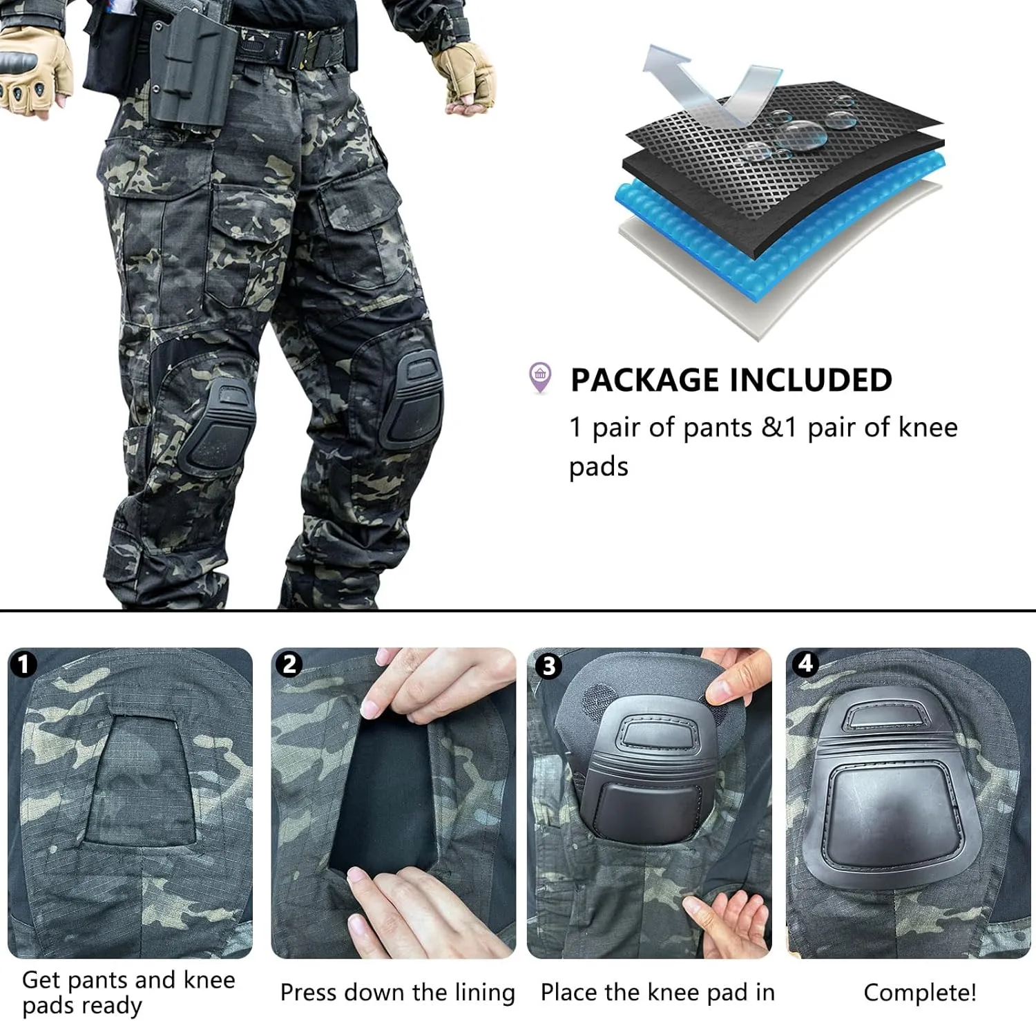 Men’s Tactical Pants with Knee Pads Camo Cargo Pants Waterproof Hiking Pants 10 Pockets No Belt