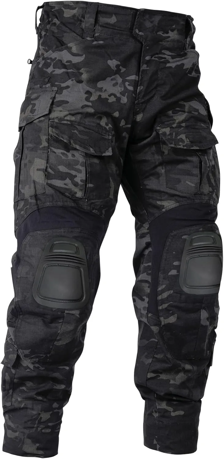 Men’s Tactical Pants with Knee Pads Camo Cargo Pants Waterproof Hiking Pants 10 Pockets No Belt