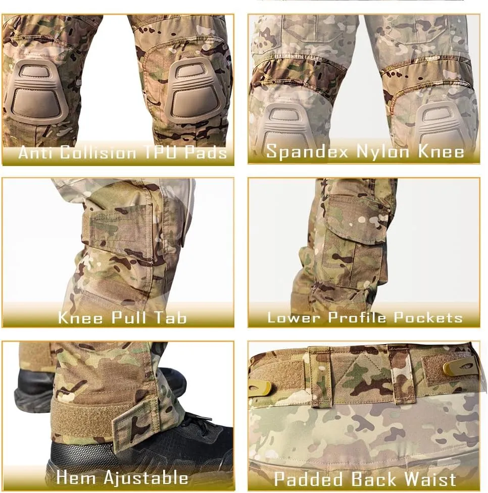 Men’s Tactical Pants with Knee Pads Camo Cargo Pants Waterproof Hiking Pants 10 Pockets No Belt