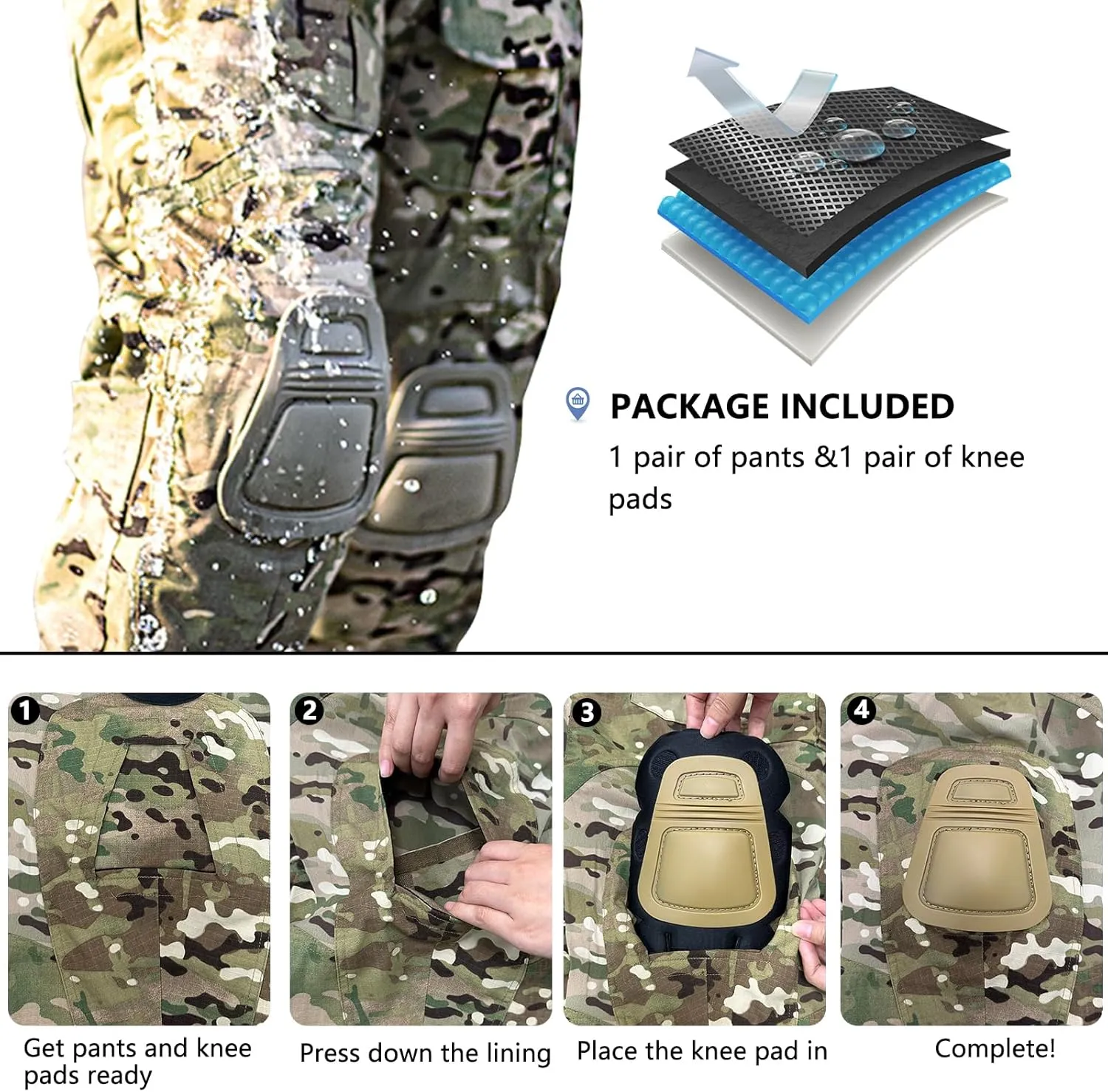 Men’s Tactical Pants with Knee Pads Camo Cargo Pants Waterproof Hiking Pants 10 Pockets No Belt