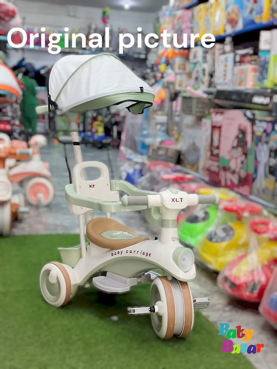 Multifunctional Baby Tricycle with Canopy Safety Handle & Footres Smooth Ride for Toddlers Green & White