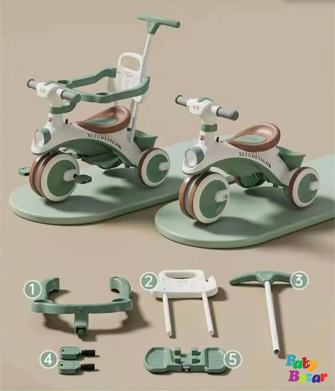 Multifunctional Baby Tricycle with Canopy Safety Handle & Footres Smooth Ride for Toddlers Green & White