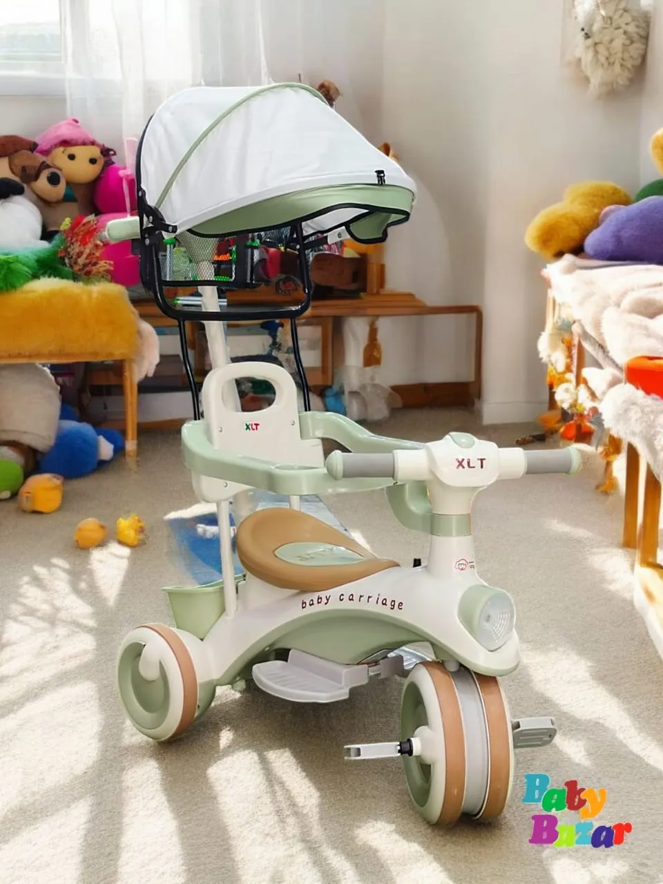 Multifunctional Baby Tricycle with Canopy Safety Handle & Footres Smooth Ride for Toddlers Green & White