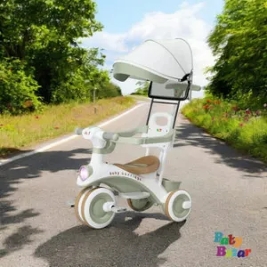 Multifunctional Baby Tricycle with Canopy Safety Handle & Footres Smooth Ride for Toddlers Green & White