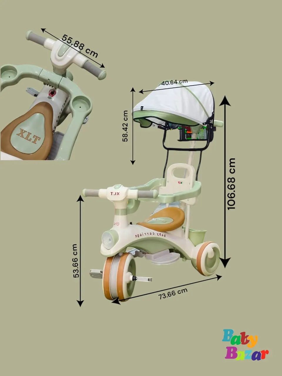 Multifunctional Baby Tricycle with Canopy Safety Handle & Footres Smooth Ride for Toddlers Green & White