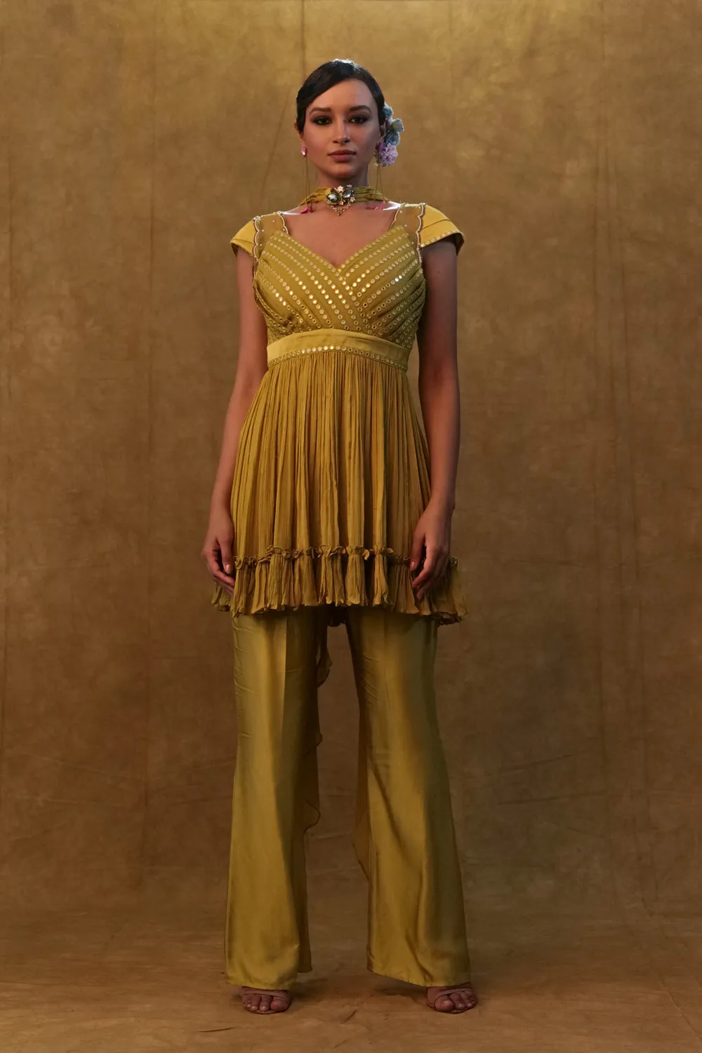Olive Peplum Set Paired With Pants And A Neck Dupatta