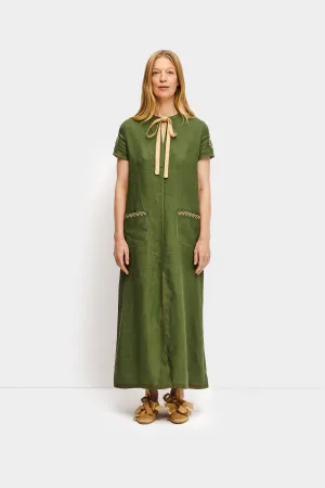 Petra Embroidered Linen Dress in Green