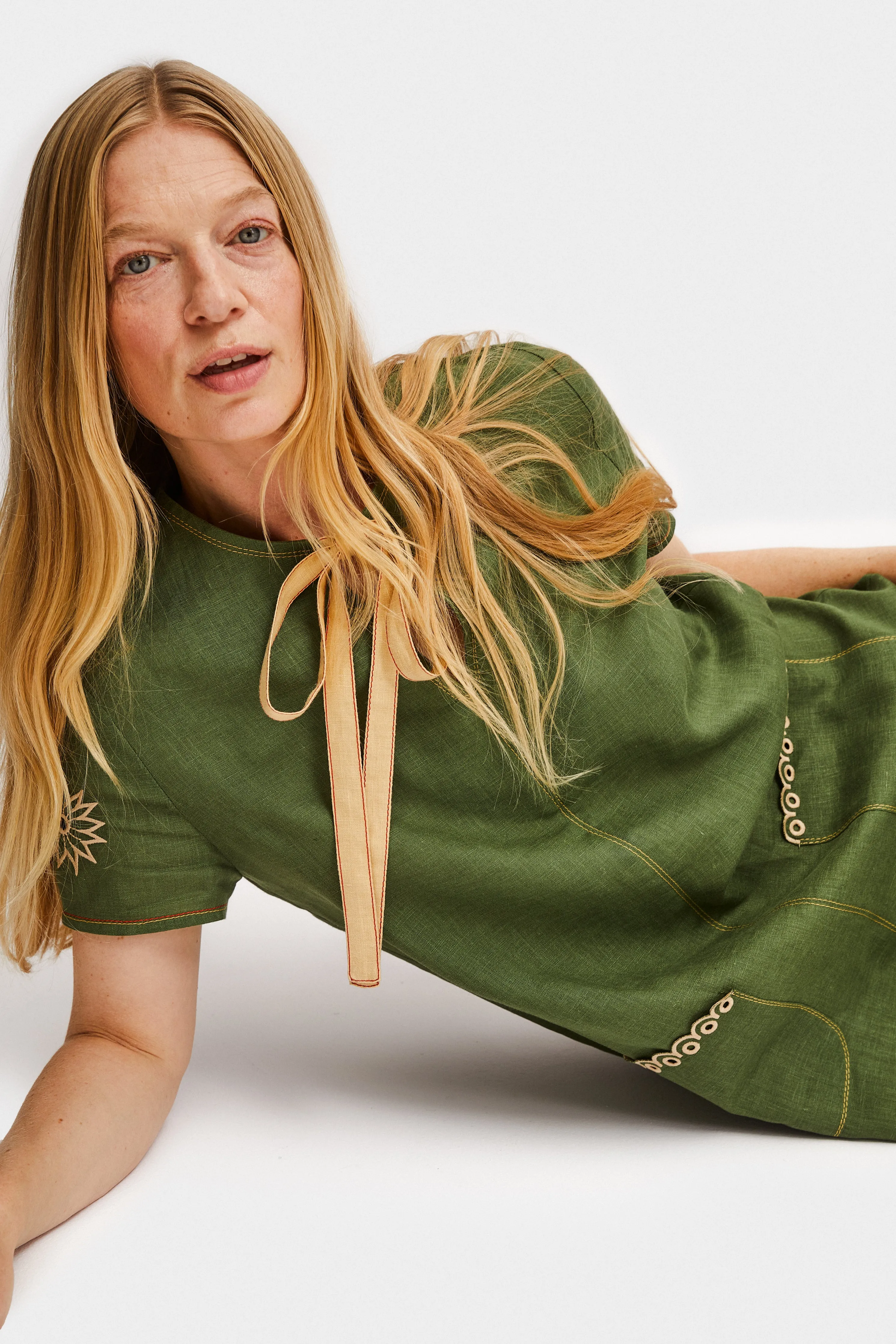 Petra Embroidered Linen Dress in Green