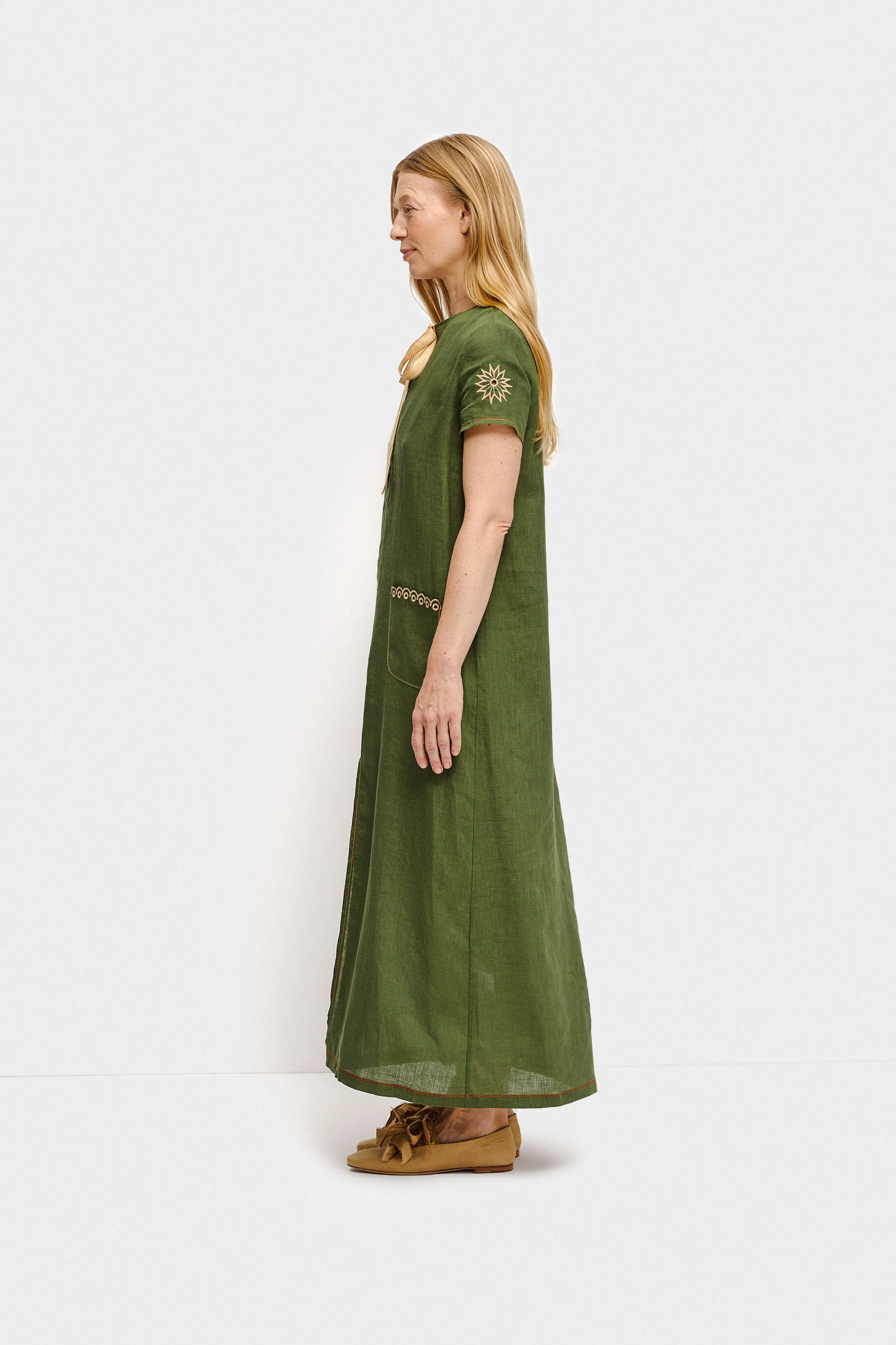 Petra Embroidered Linen Dress in Green
