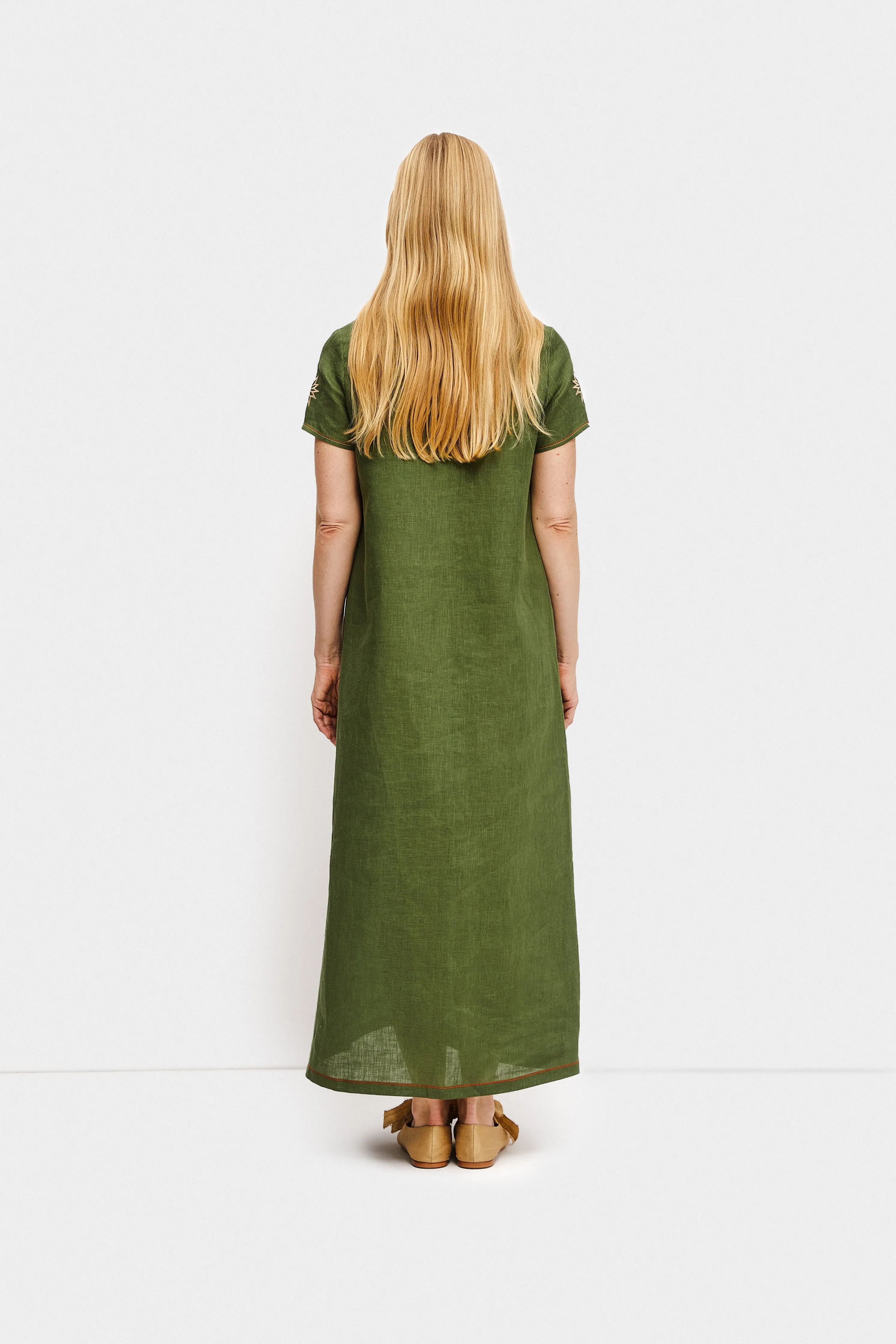 Petra Embroidered Linen Dress in Green