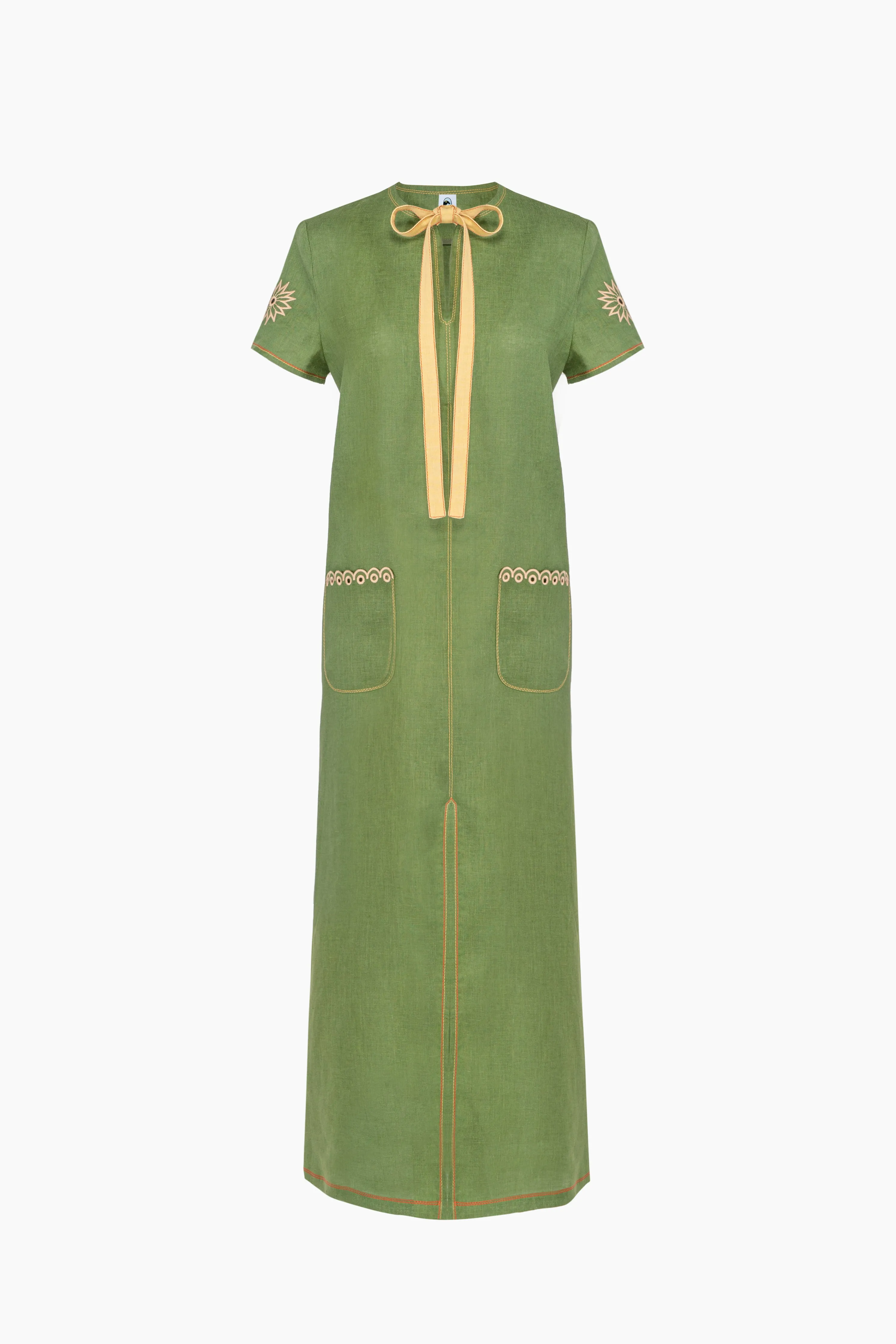 Petra Embroidered Linen Dress in Green