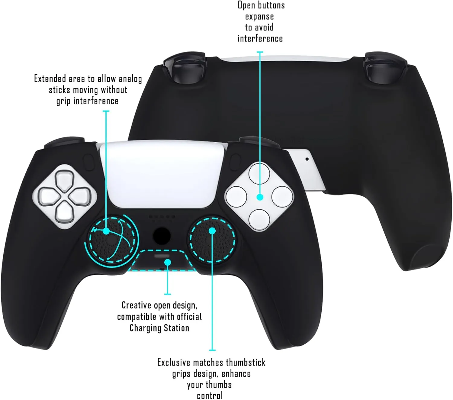 PlayVital Pure Series - Dockable Model - Anti-Slip Silicone Cover Skin for PS5 Controllers, Soft Rubber Grip Case - Compatible with Charging Stations - Thumb Grip Caps included - Black