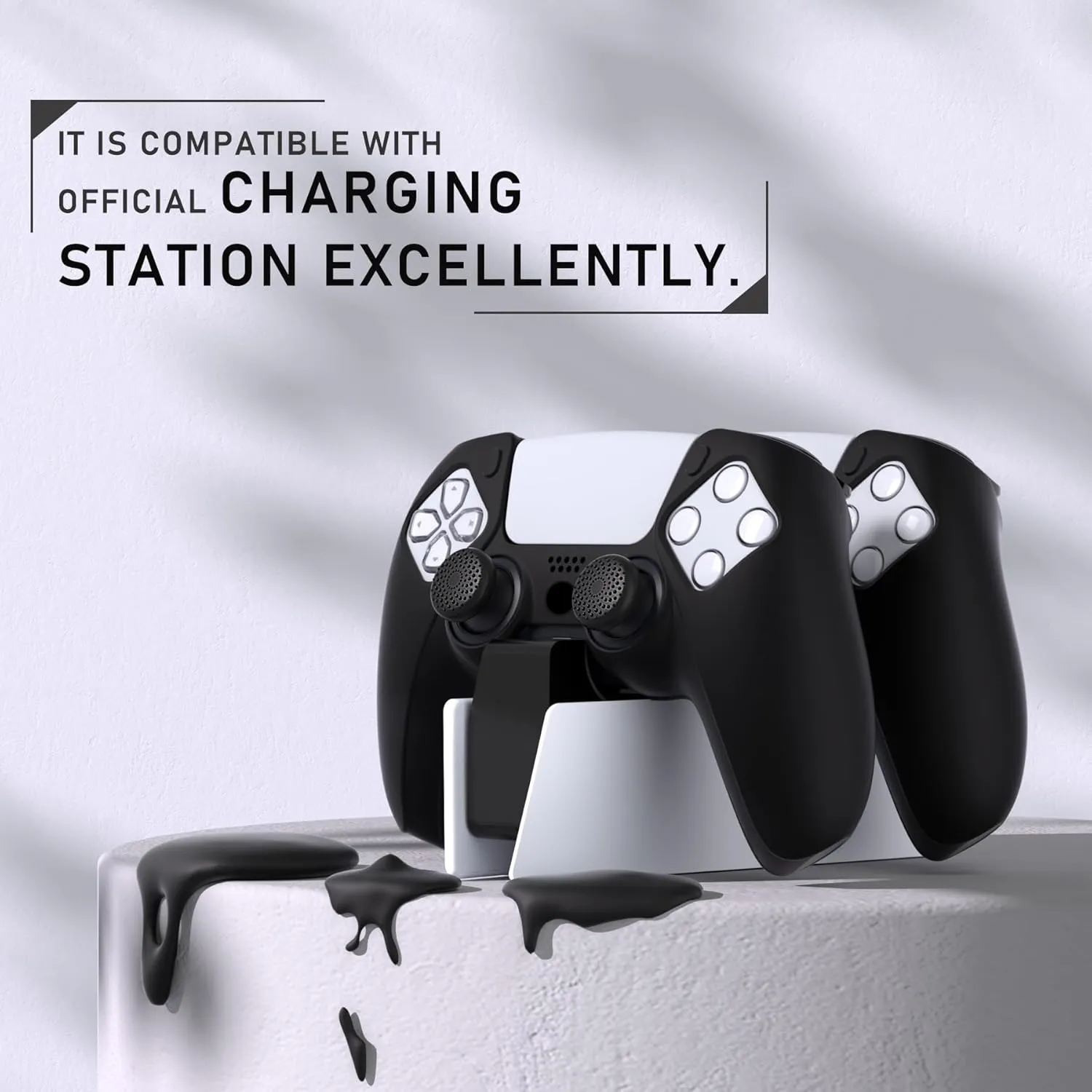 PlayVital Pure Series - Dockable Model - Anti-Slip Silicone Cover Skin for PS5 Controllers, Soft Rubber Grip Case - Compatible with Charging Stations - Thumb Grip Caps included - Black