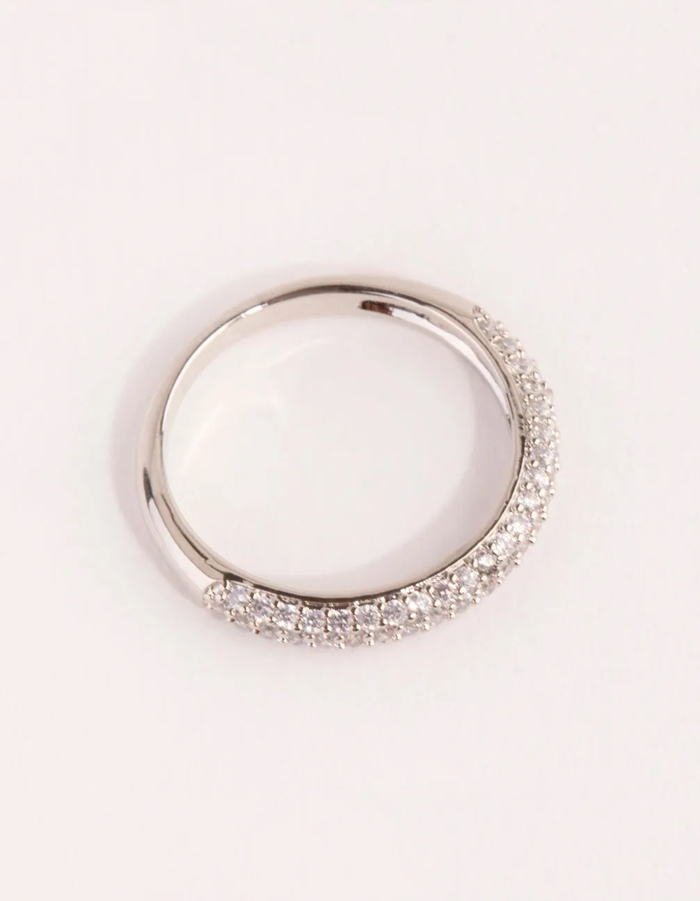 Rhodium Half Pave Cubic Zirconia Ring