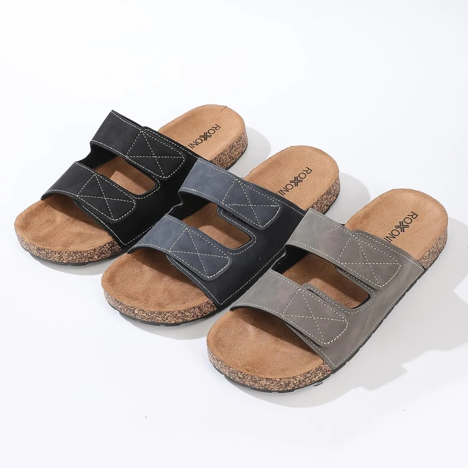 Roxoni Men's Dual Velco Straps Suede Covered Moulded Faux Cork Midsole Eva Rubber Sole