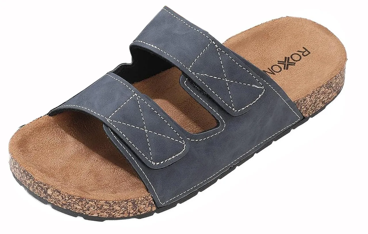 Roxoni Men's Dual Velco Straps Suede Covered Moulded Faux Cork Midsole Eva Rubber Sole