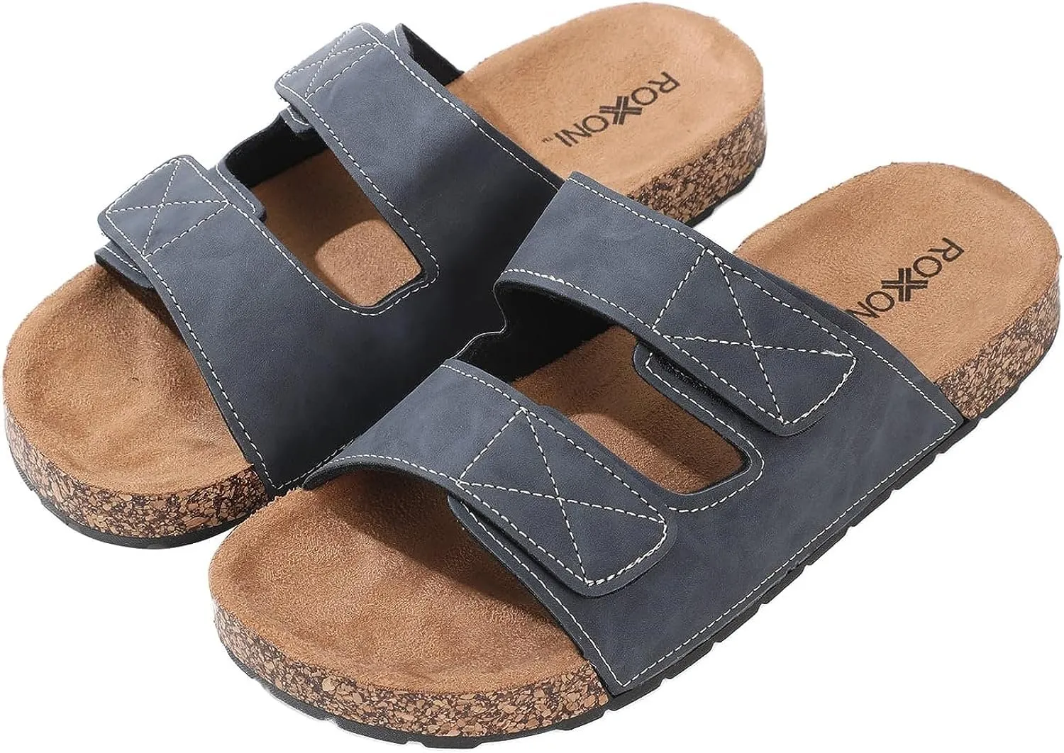 Roxoni Men's Dual Velco Straps Suede Covered Moulded Faux Cork Midsole Eva Rubber Sole