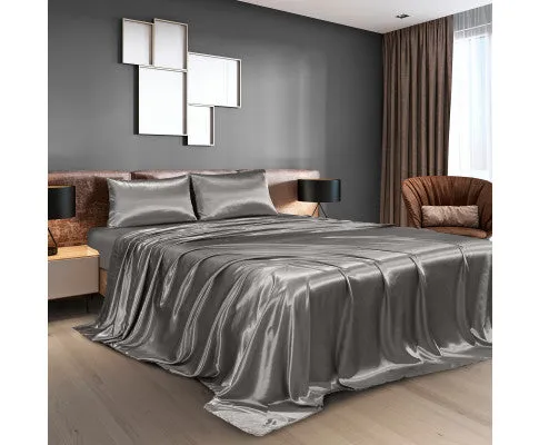Royal Comfort Satin Sheet Set 4 Piece Fitted Flat Sheet Pillowcases - Charcoal