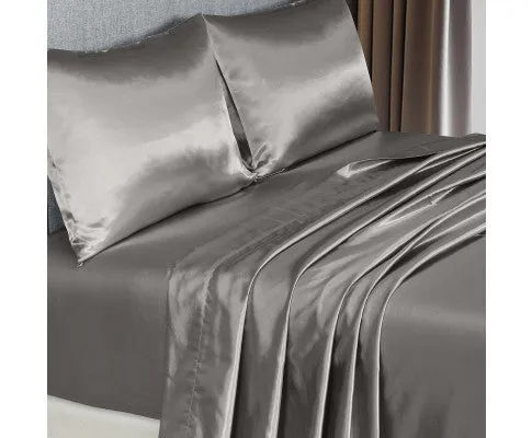 Royal Comfort Satin Sheet Set 4 Piece Fitted Flat Sheet Pillowcases - Charcoal