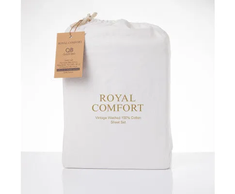Royal Comfort Vintage Washed 100% Cotton Sheet Set Fitted Flat Sheet Pillowcases - WHITE