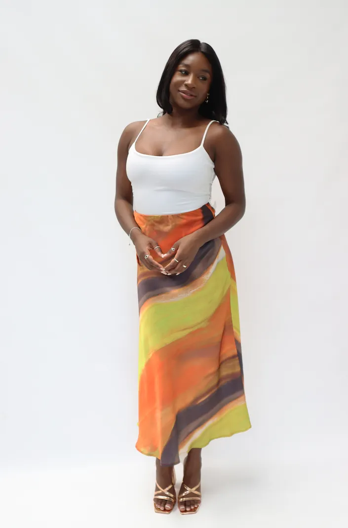 Satin Maxi 'Lucia' Skirt in Green Swirl Print