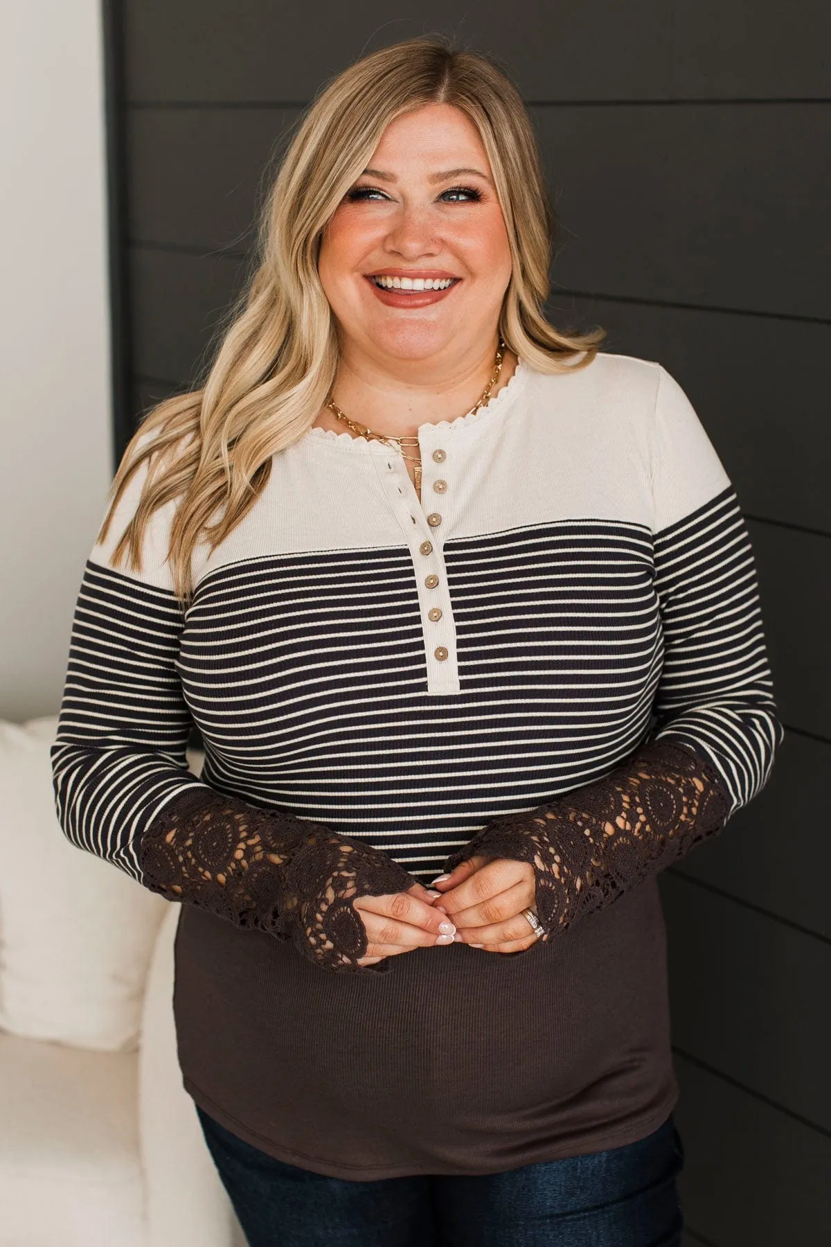 Simple Favors Color Block Henley Top- Cream & Brown
