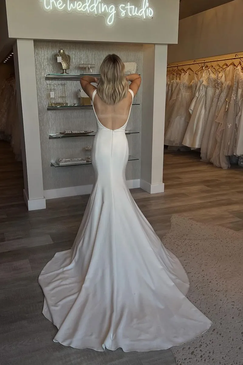 Simple Mermaid Scoop Neck Backless Satin Wedding Dresses